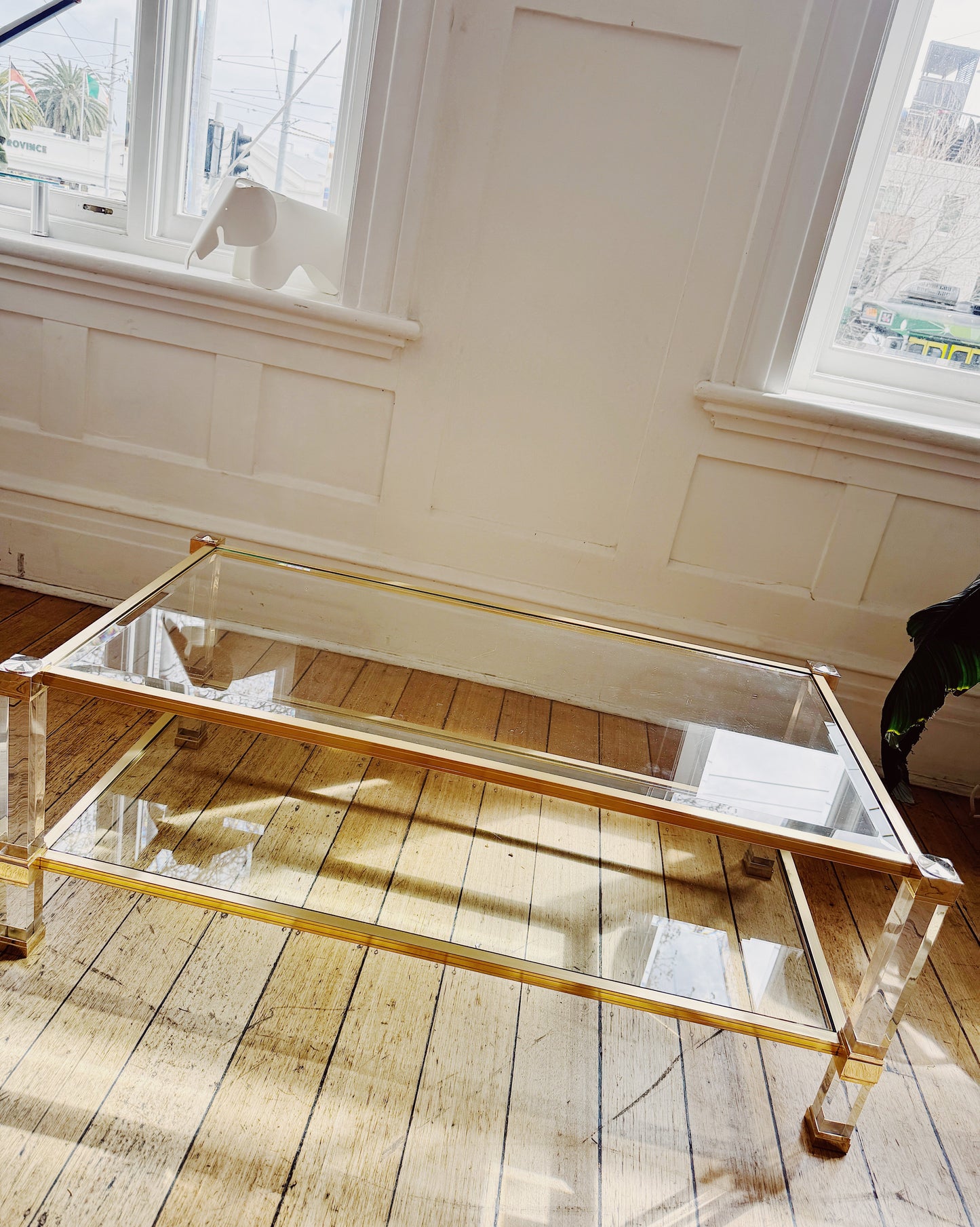 PIERRE VANDEL PARIS / Lucite + Brass Two Tier Coffee Table