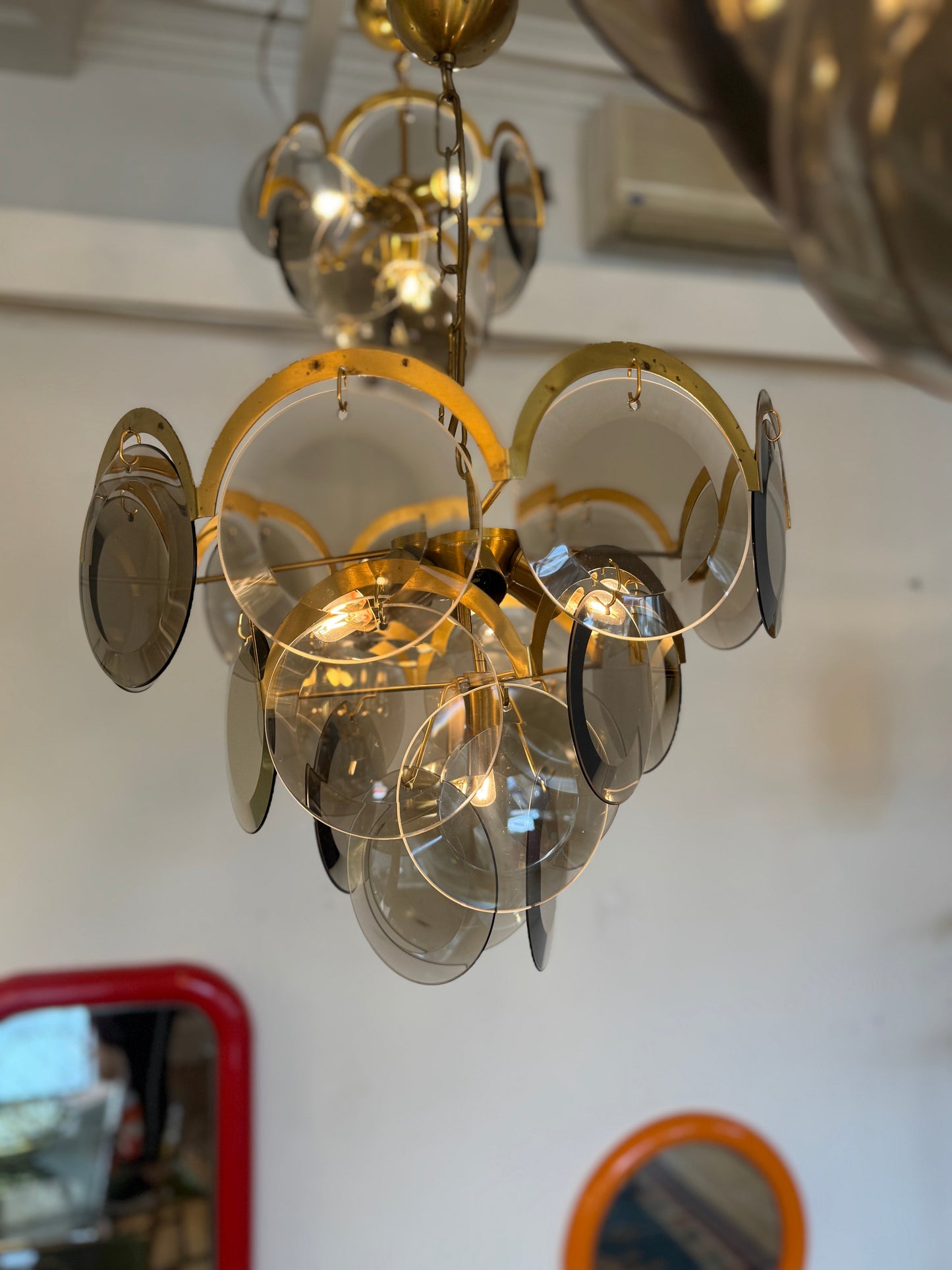 1970s / 4 Tier Smoky Glass Disc & Brass Chandelier