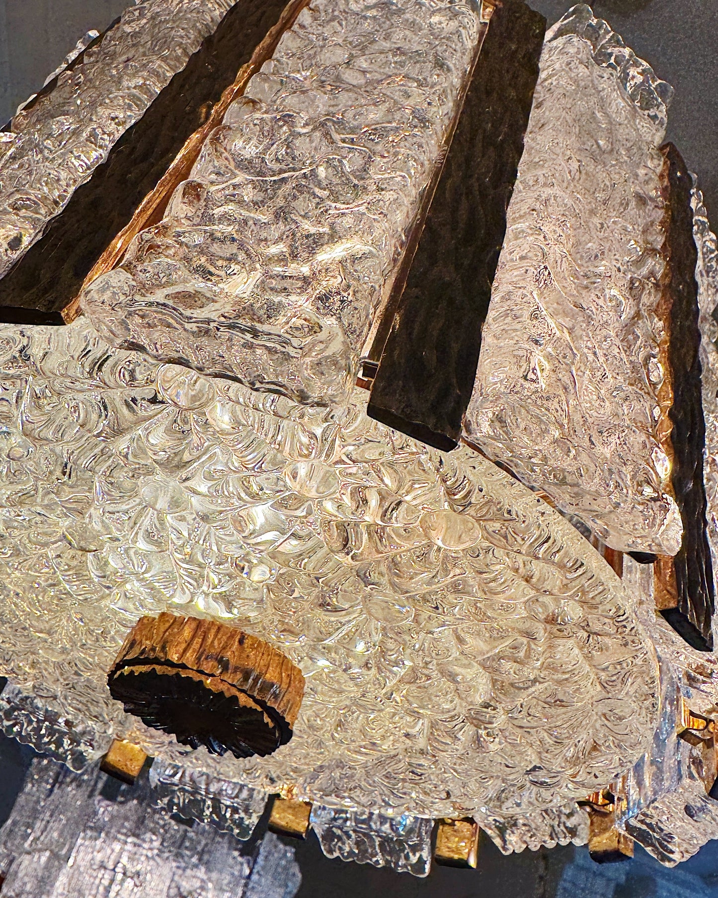 KALMAR | Drum Pendant w/ Frosted Icicle Glass + Gilt Brass Dividers