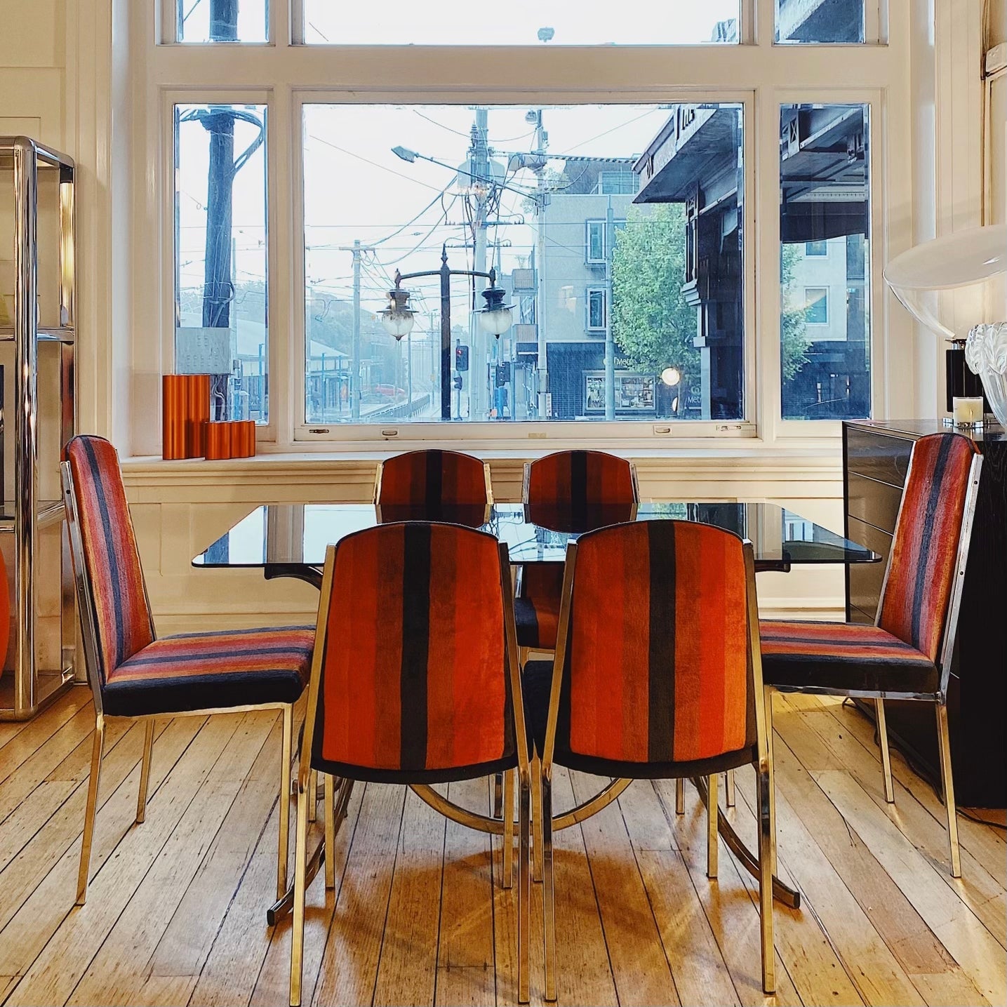 RICHMAN / 1970s Chrome Cherry + Burnt Orange Striped Dining Chairs
