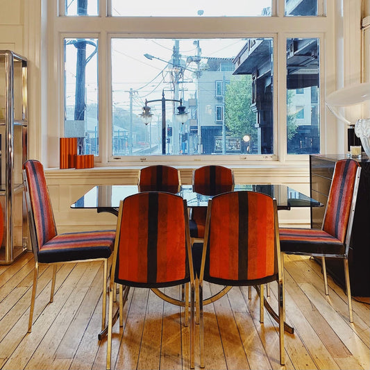 RICHMAN / 1970s Chrome Cherry + Burnt Orange Striped Dining Chairs