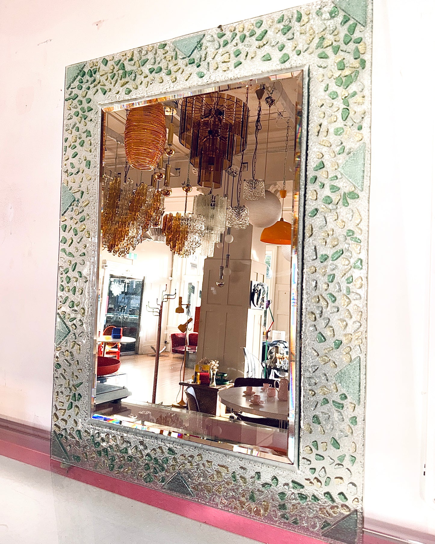 POST MODERN / Memphis Style Green Glass Shapes Mirror