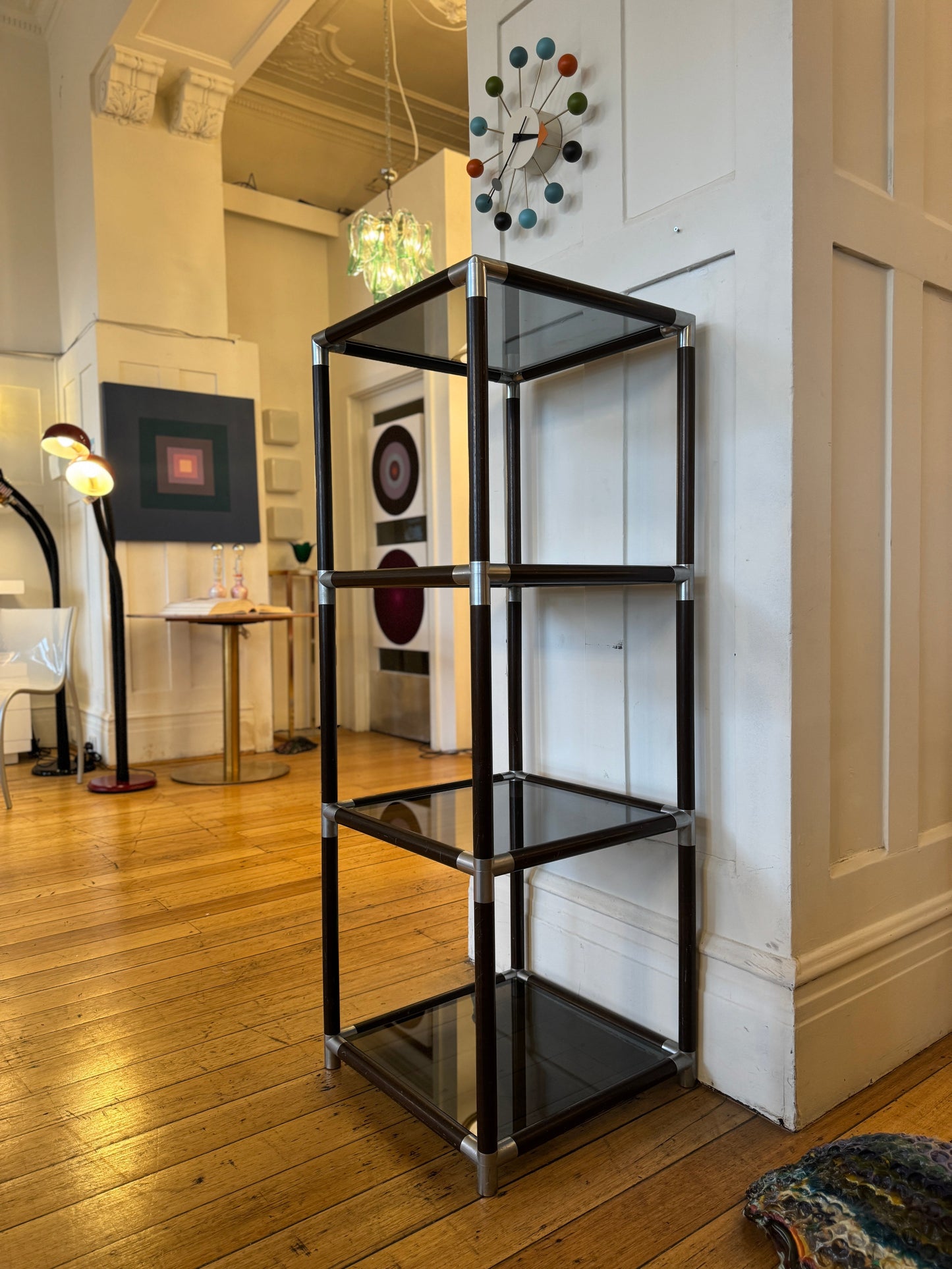 CARAVELLE / Cubed Shelving Wood w/Silver Corners + Smoky Grey Glass