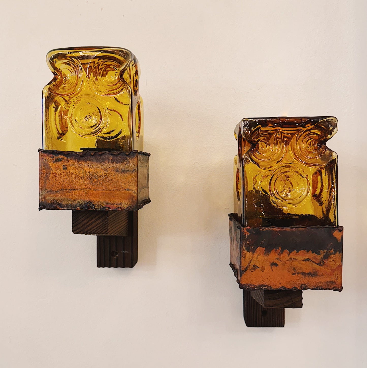 BRUTALIST / Amber Glass with Wood & Metal Base Wall Light