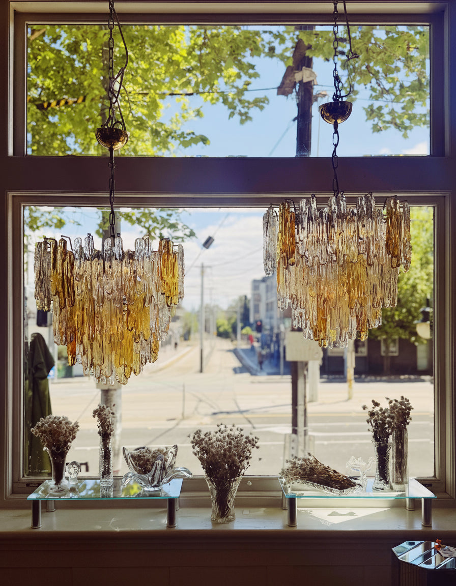 JT KALMAR / 1960s Amber & Clear Icicle Prism Chandelier