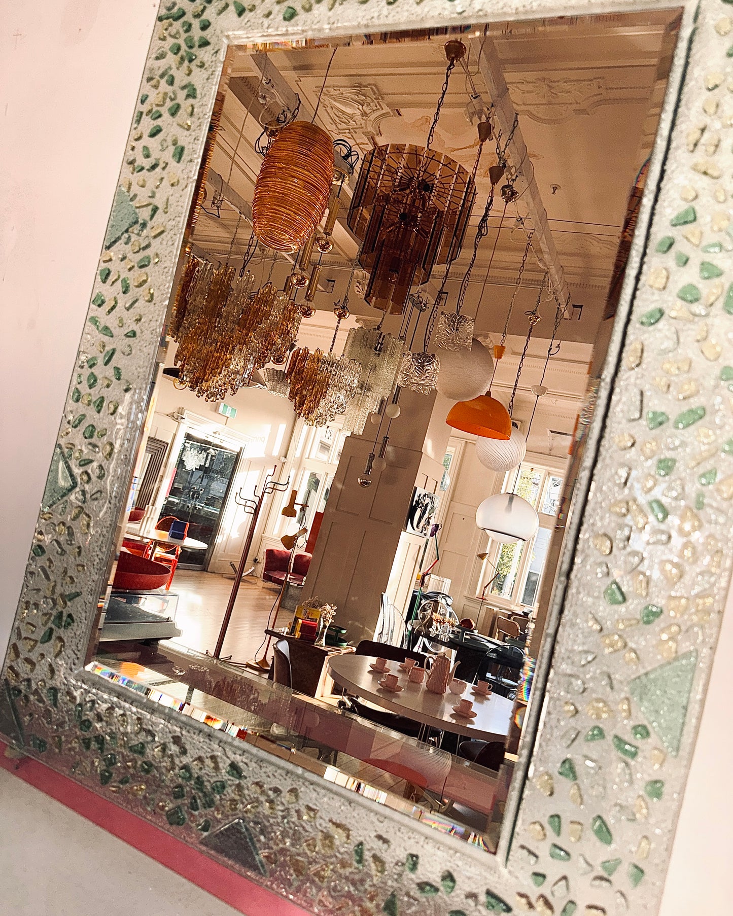 POST MODERN / Memphis Style Green Glass Shapes Mirror