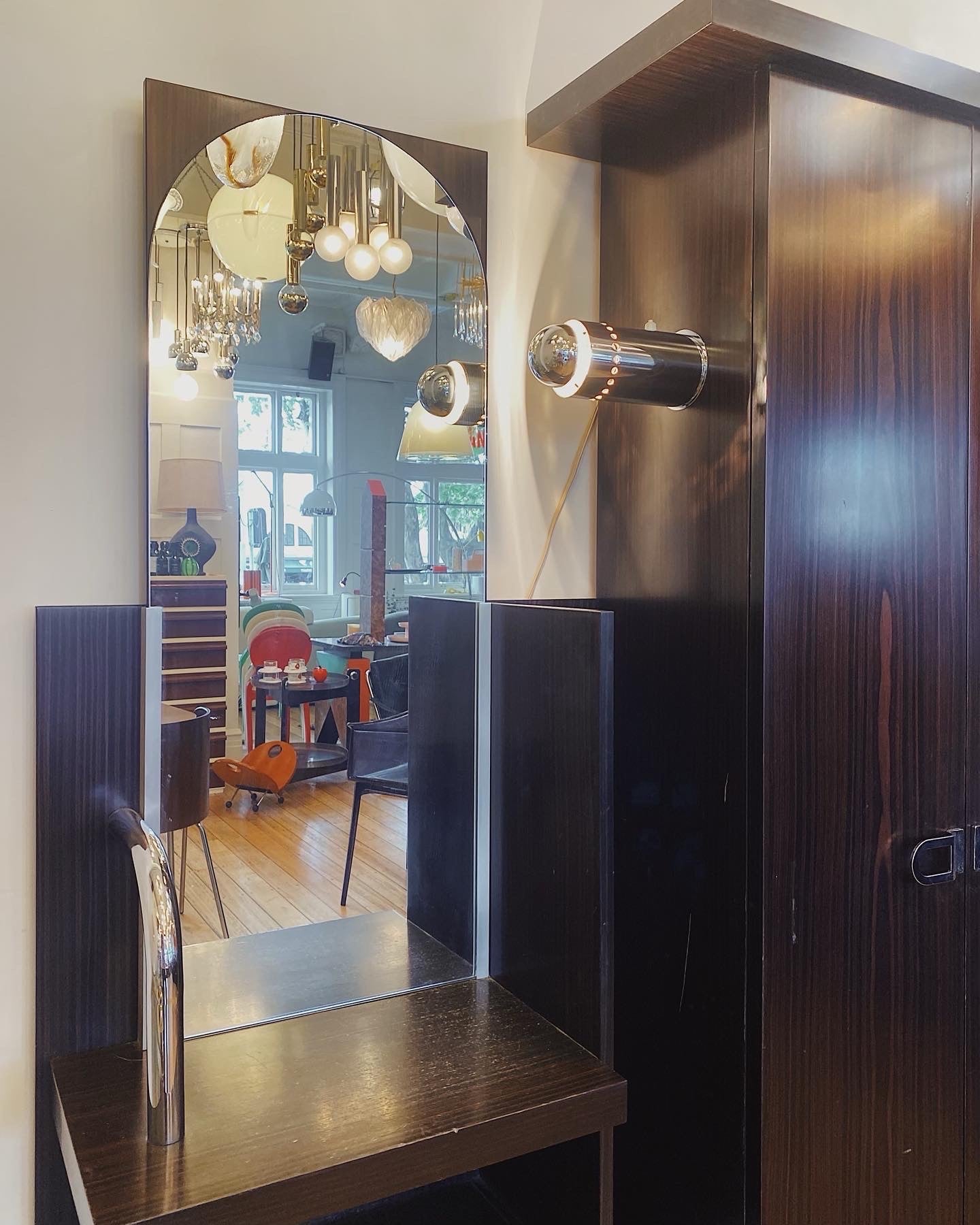 VINTAGE / Chocolate & Chrome Illuminated Foyer Station with Mirror + Coat Rack