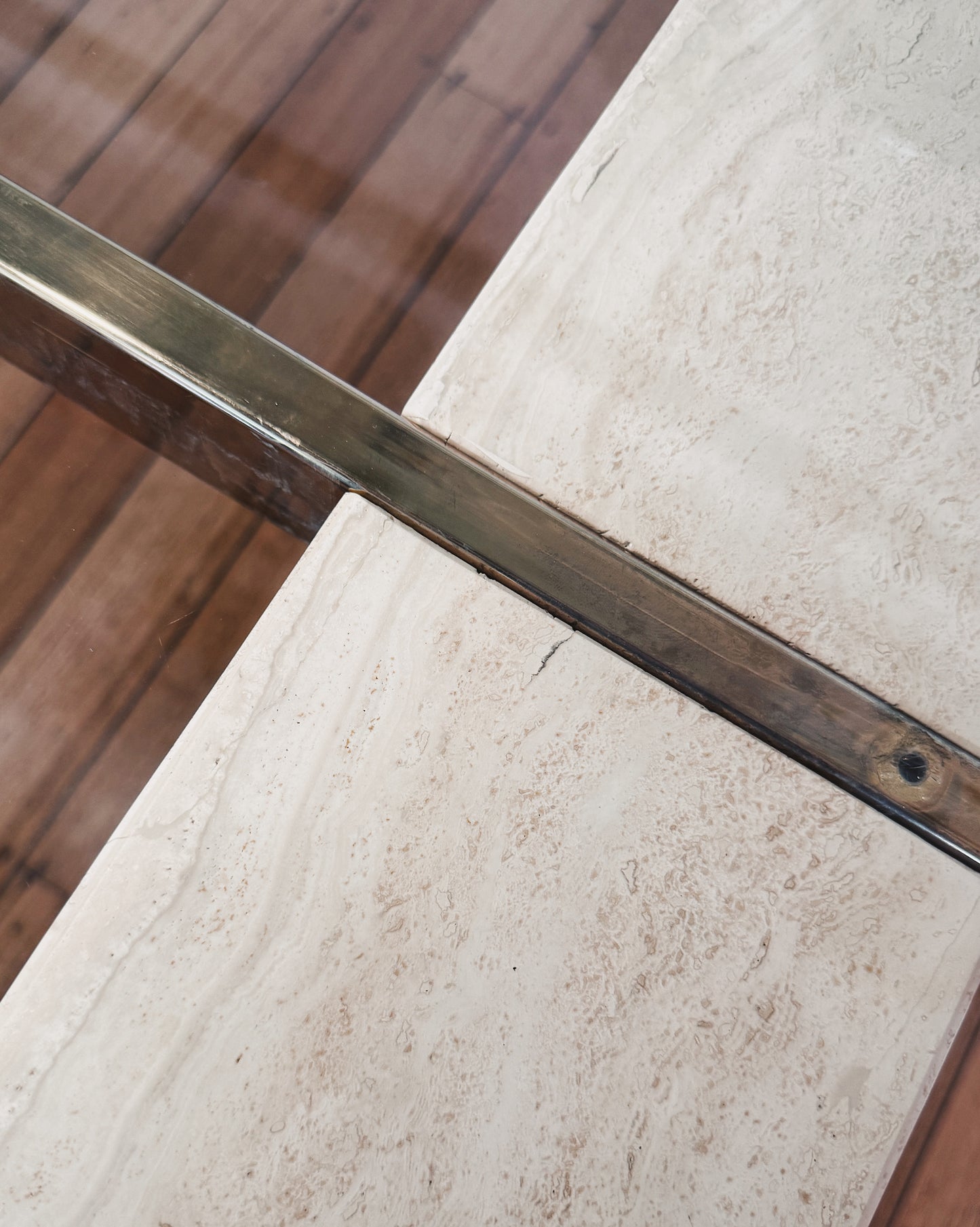 ARTEDI / Vintage 1980s Italian Travertine & Glass Dining Table