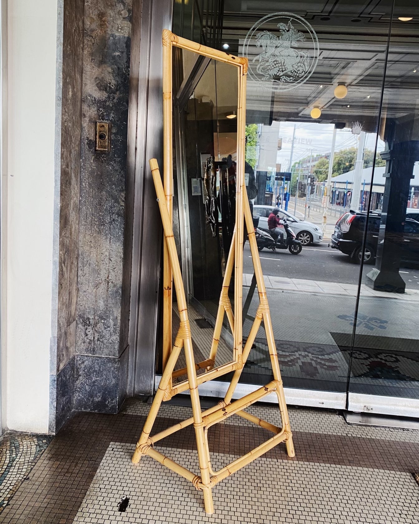 VINTAGE / Bamboo Cane Standing Dressing Mirror
