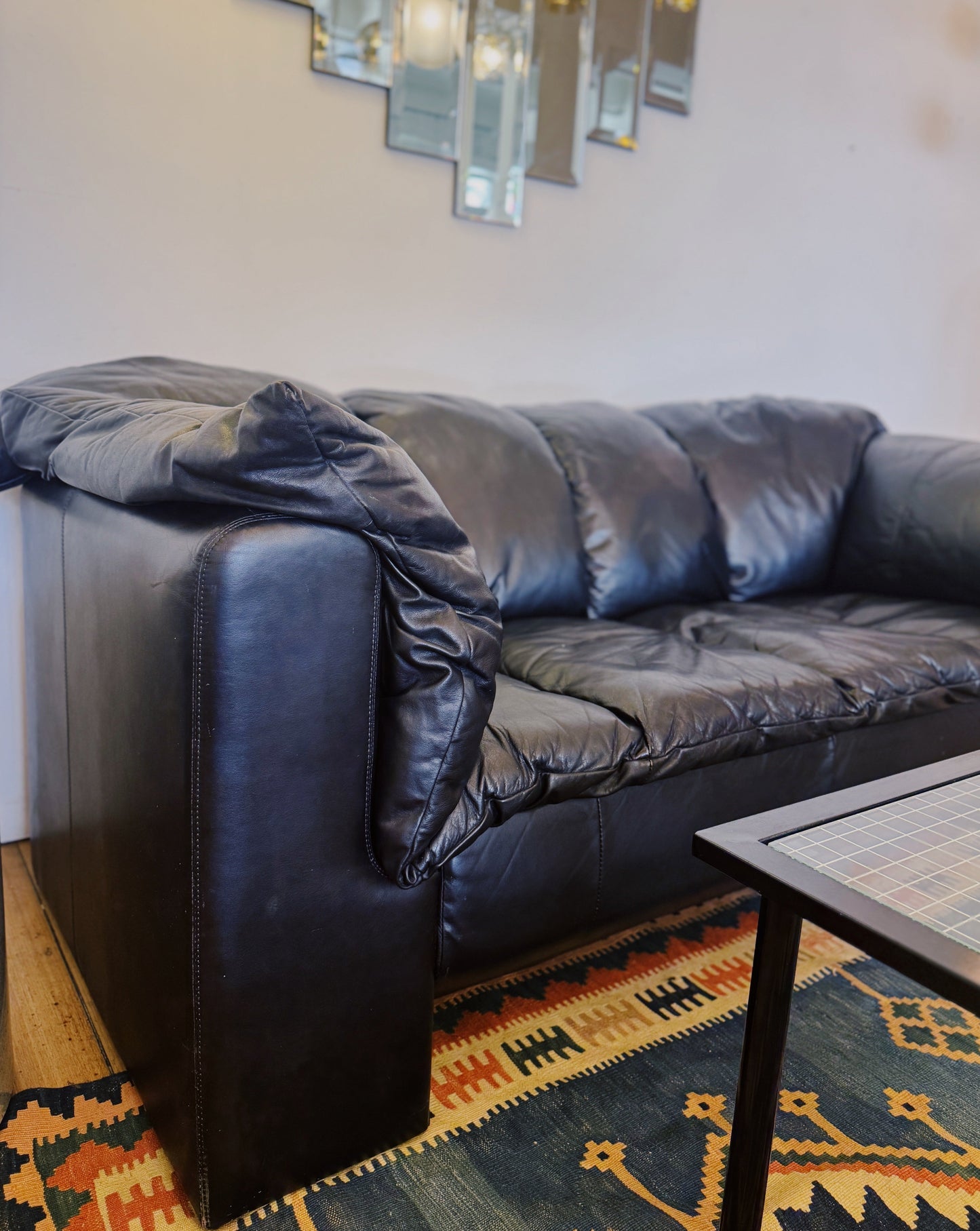 POST MODERN / Black Leather Puffer Sofa