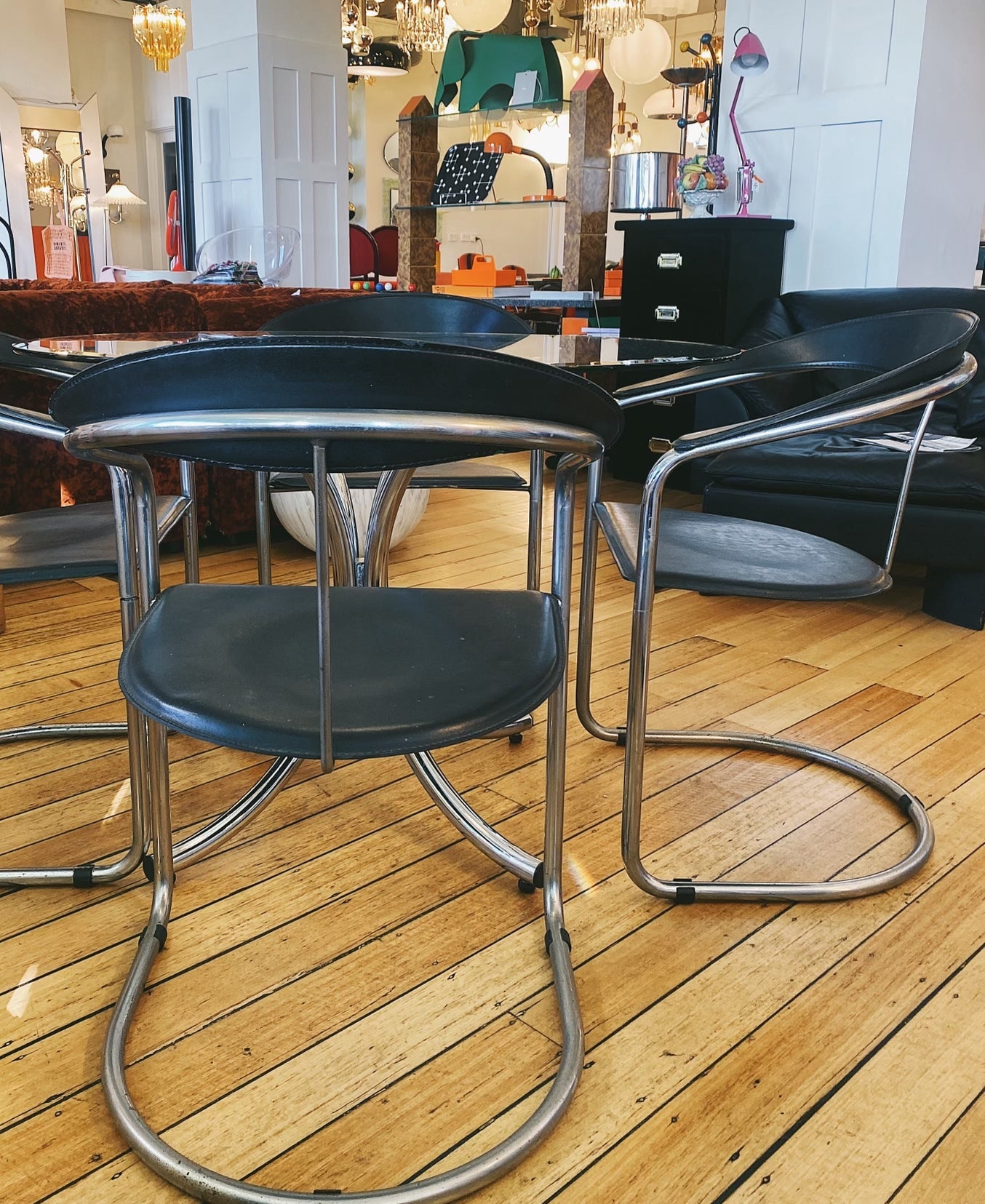 POST MODERN / 1980s Italian Canasta Chrome + Leather Chairs