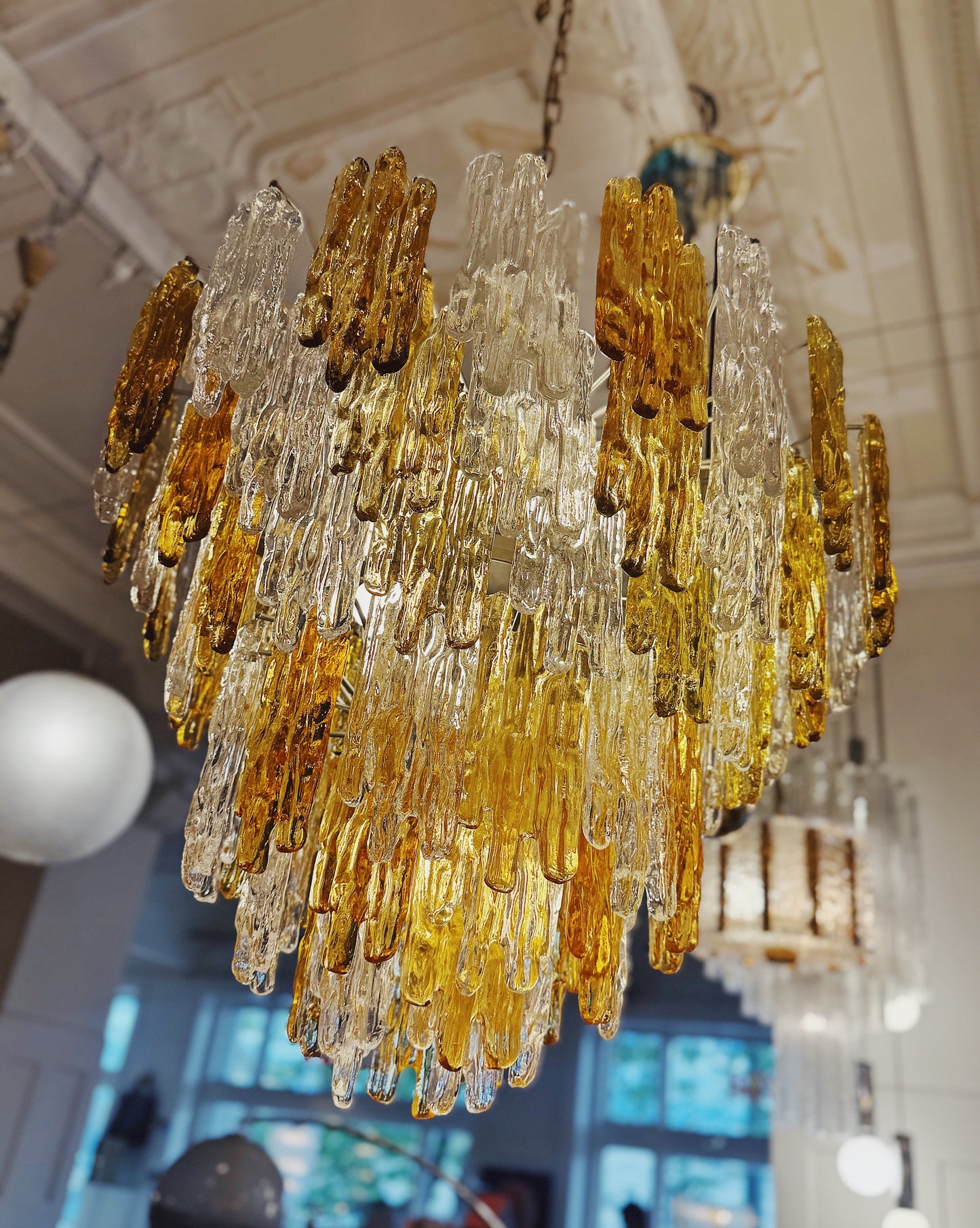 JT KALMAR / 1960s XL Amber & Clear Icicle Prism Chandelier