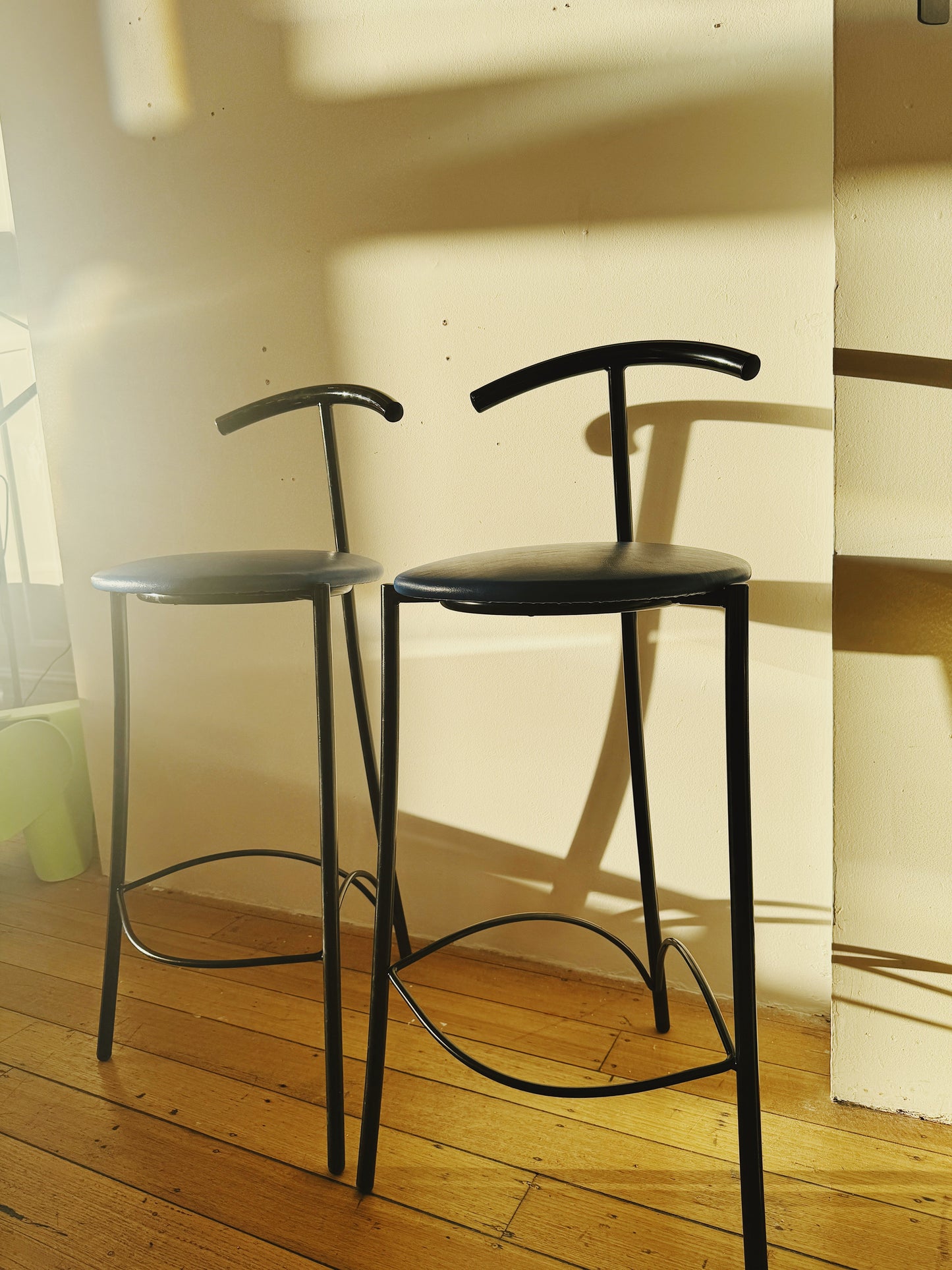 POST MODERN / Pair of Tubular Black Stools with Blue Vinyl Seats