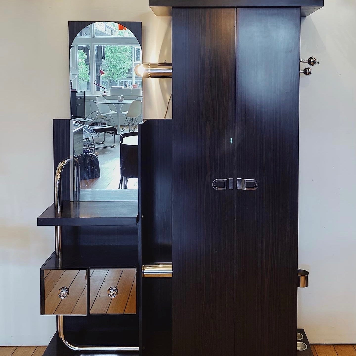 VINTAGE / Chocolate & Chrome Illuminated Foyer Station with Mirror + Coat Rack