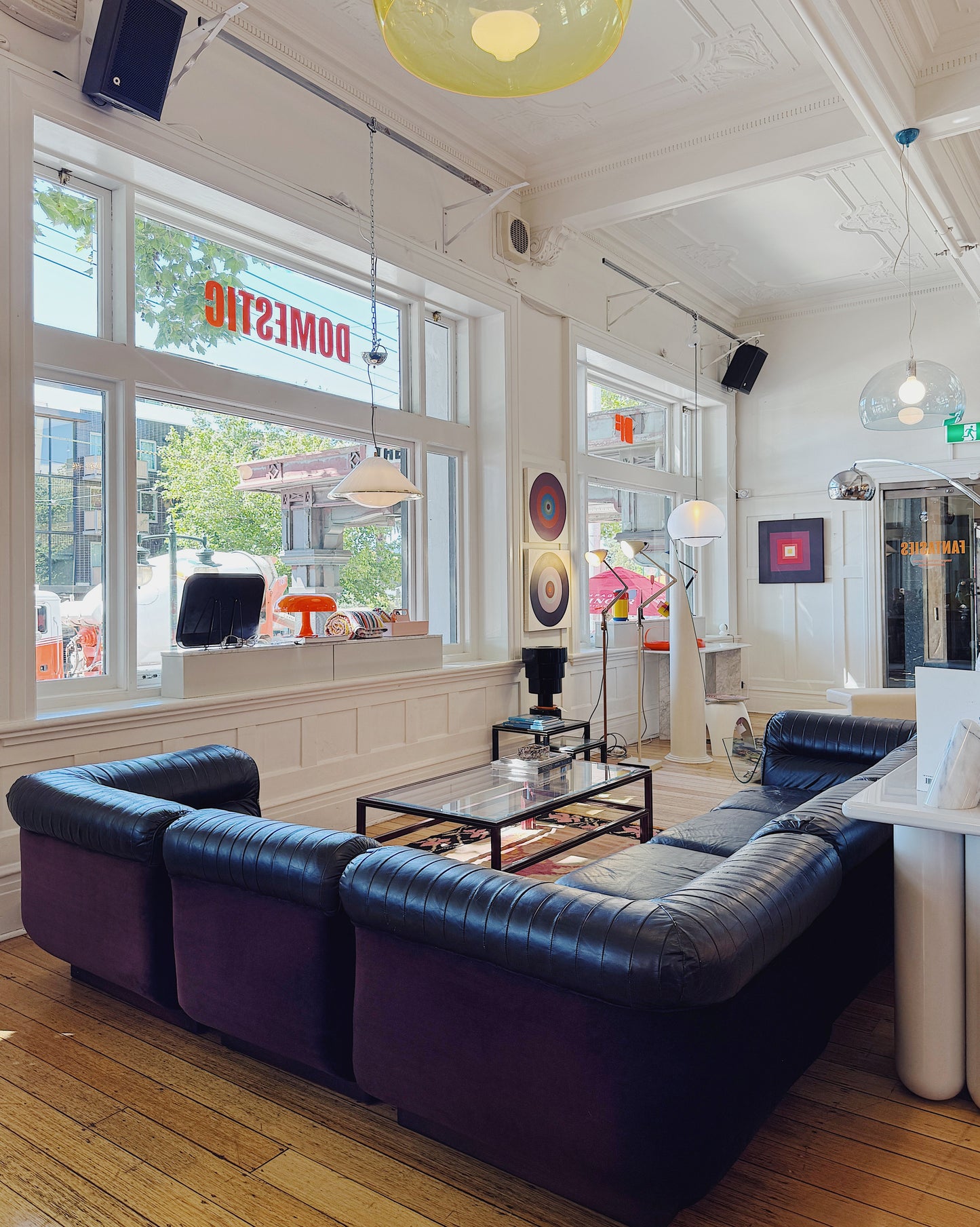 VANDEROZA / 1970’s Modular Sofa in Black Leather + Aubergine Velvet