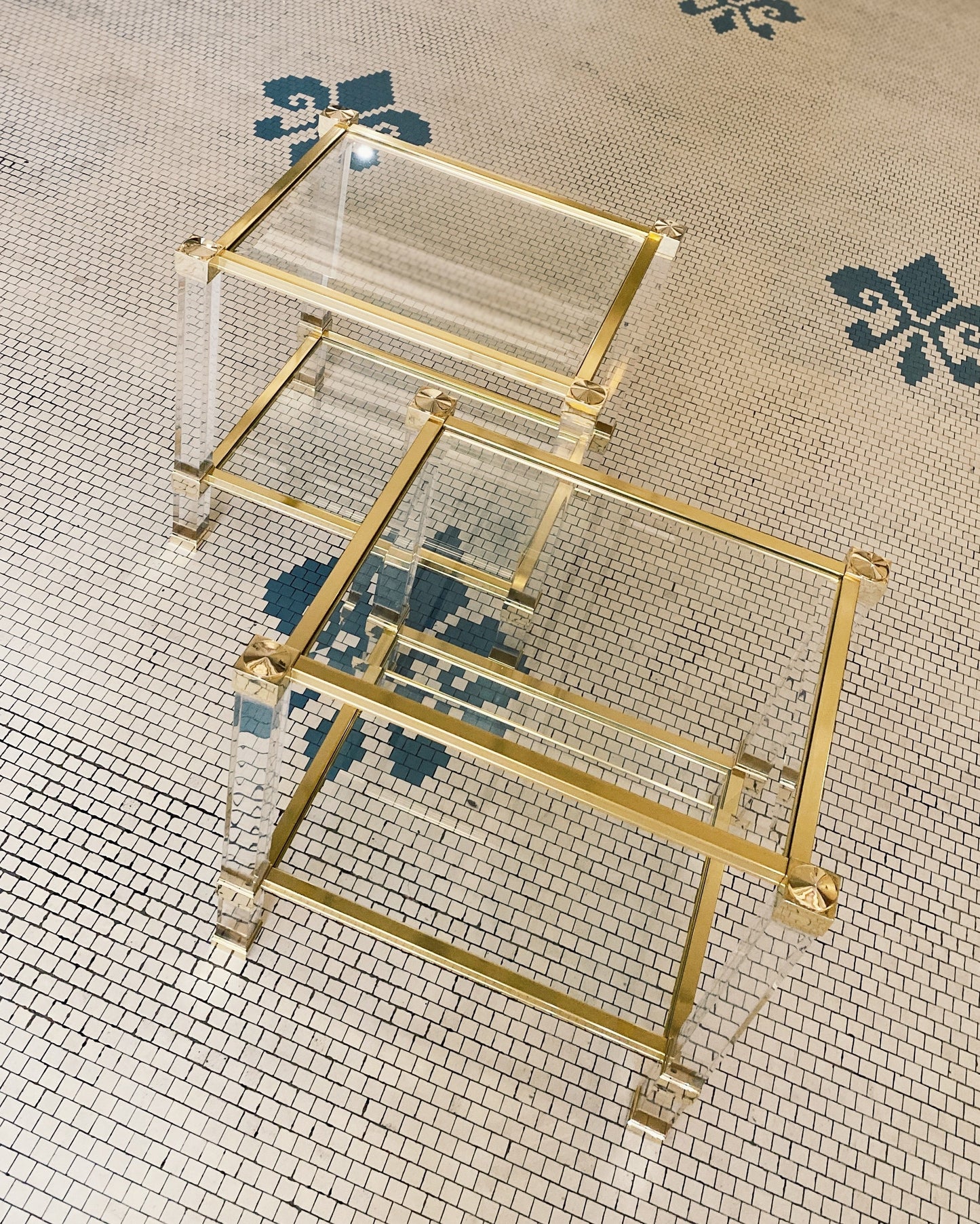 PIERRE VANDEL PARIS / Lucite + Brass Two Tier Side Tables
