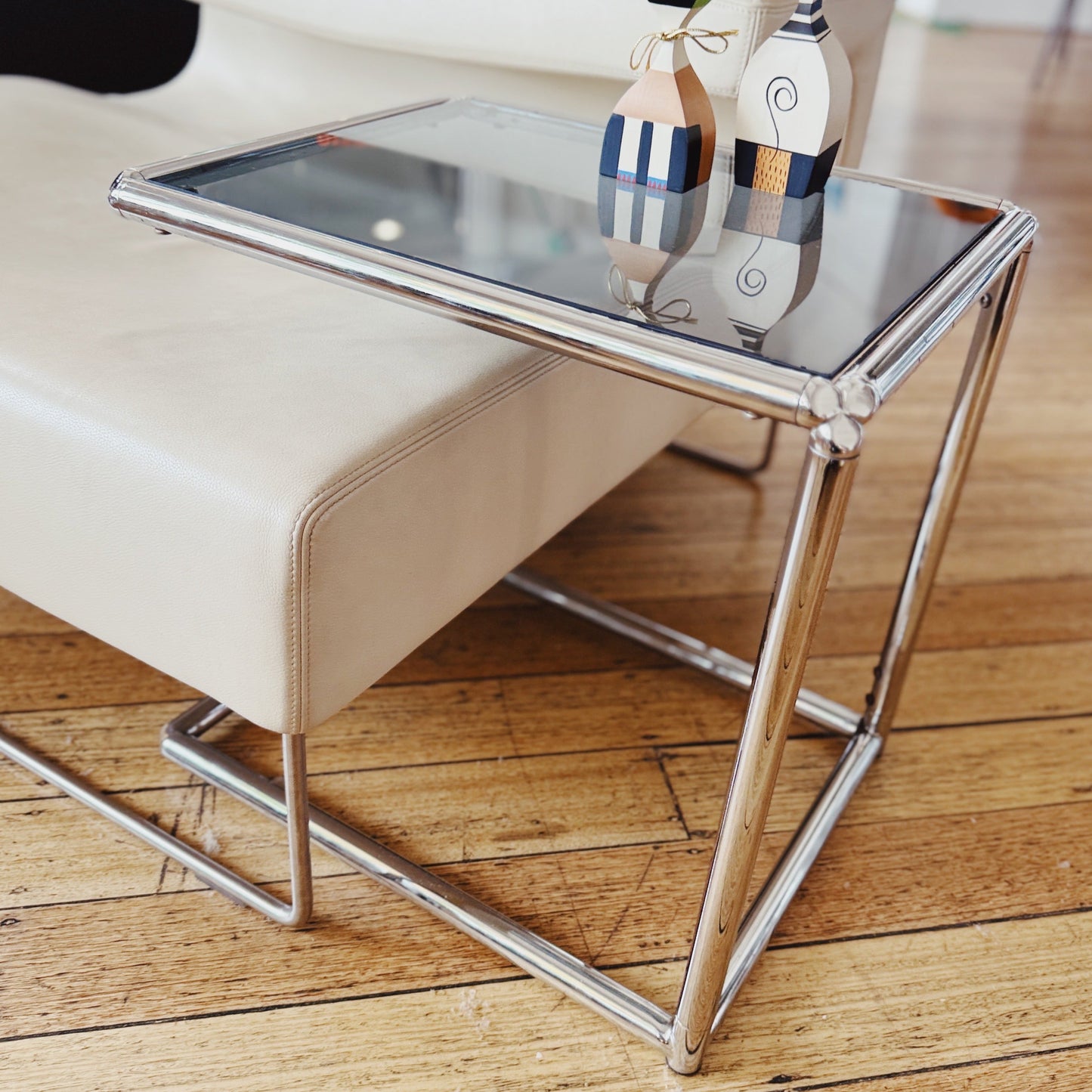 VINTAGE / Chrome U Table w/Smokey Glass Top