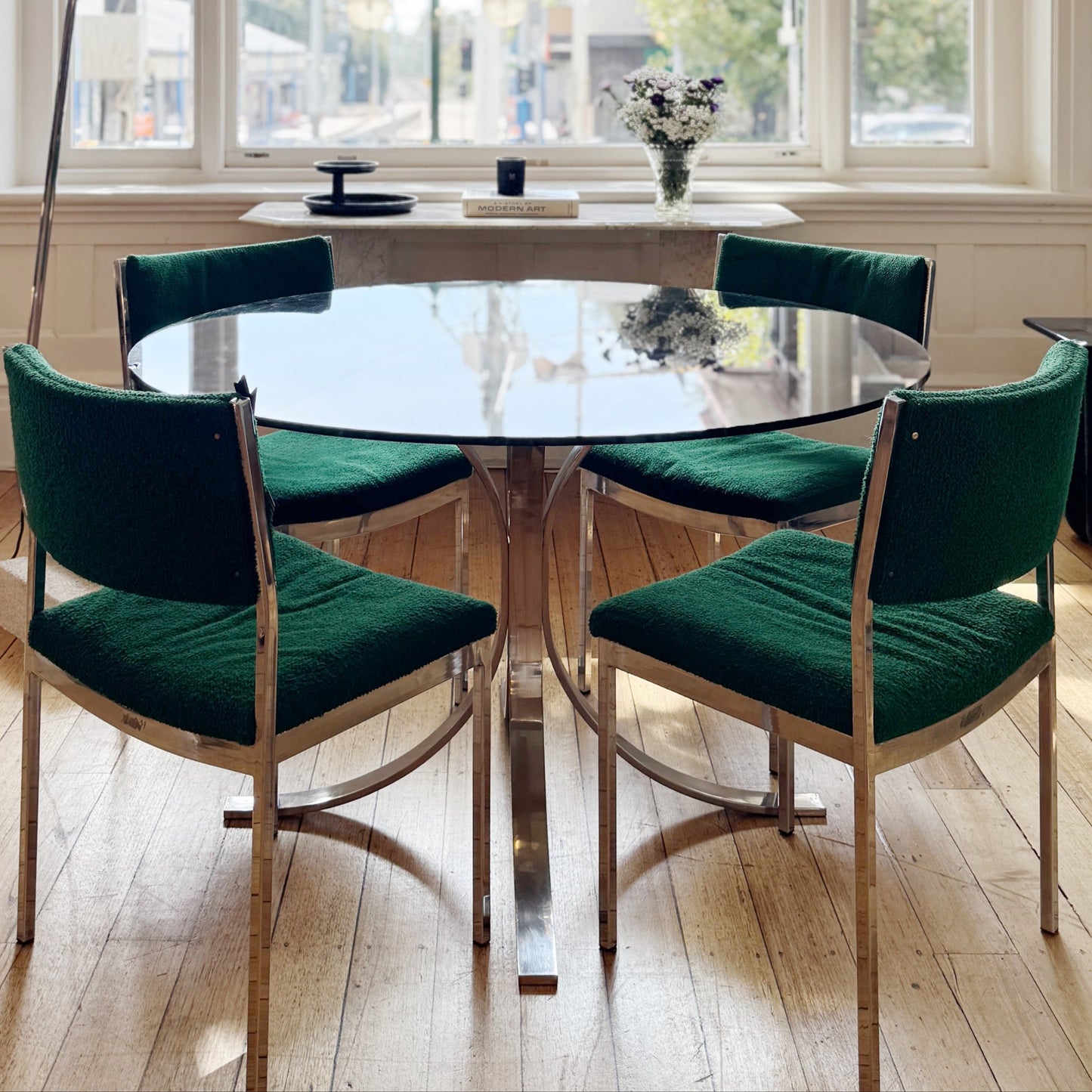 VINTAGE / BOUCLÉ + CHROME DINING CHAIRS - Set of 4