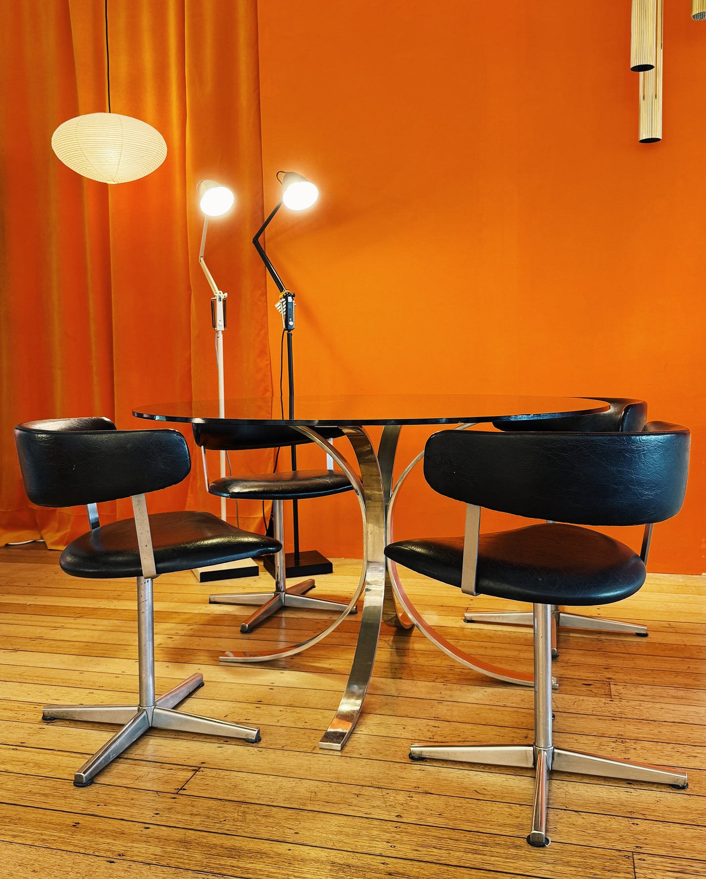 VINTAGE / 1970s Smoky Glass + Chrome Base Dining Table