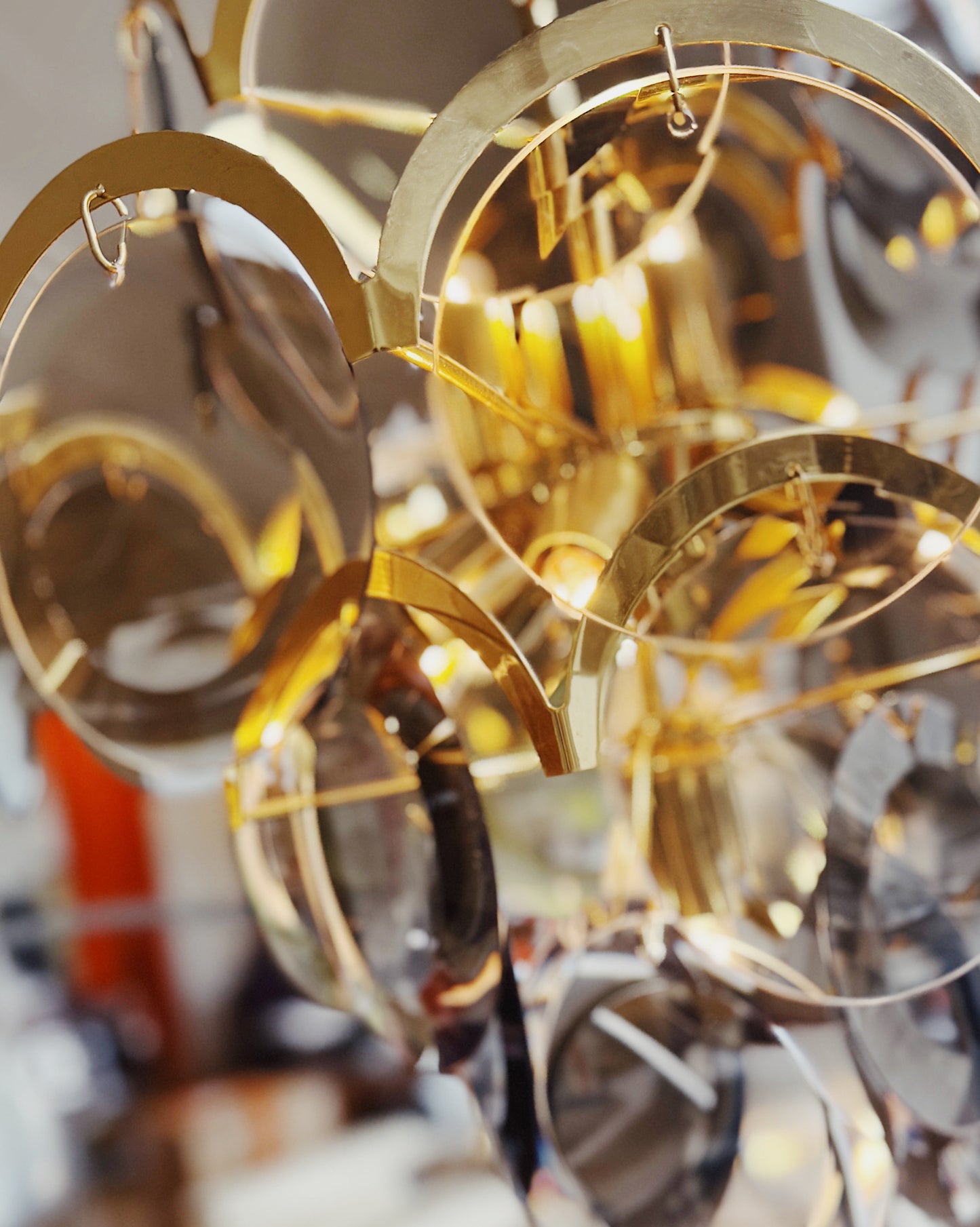 1970s / 5 Tier Smoky Glass Disc & Brass Chandelier