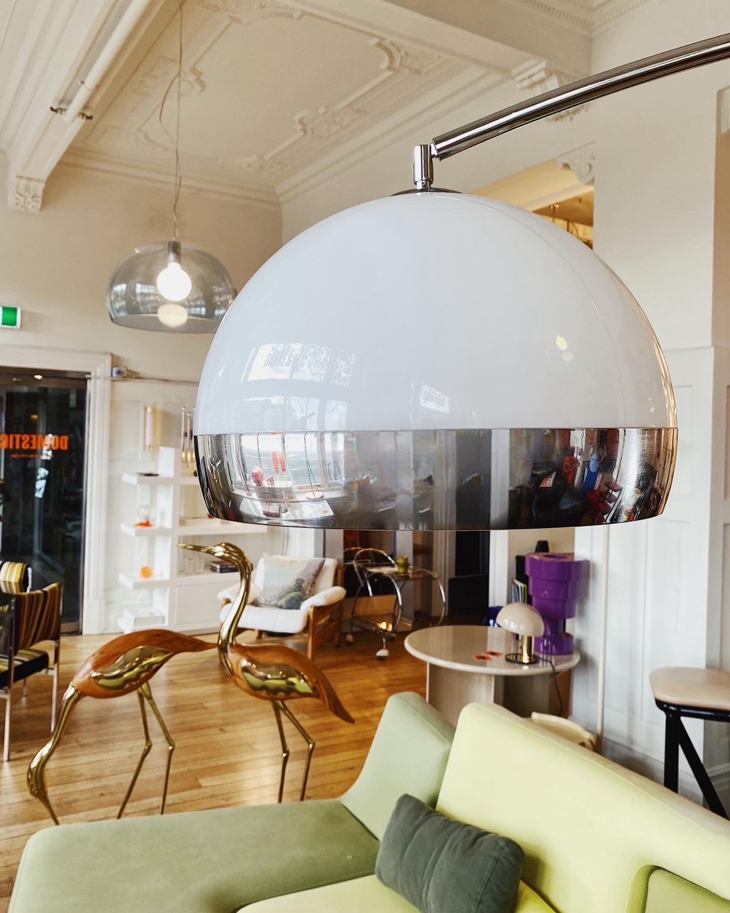 HARVEY GUZZINI / 1970s Chrome + Marble Italian Arc Lamp
