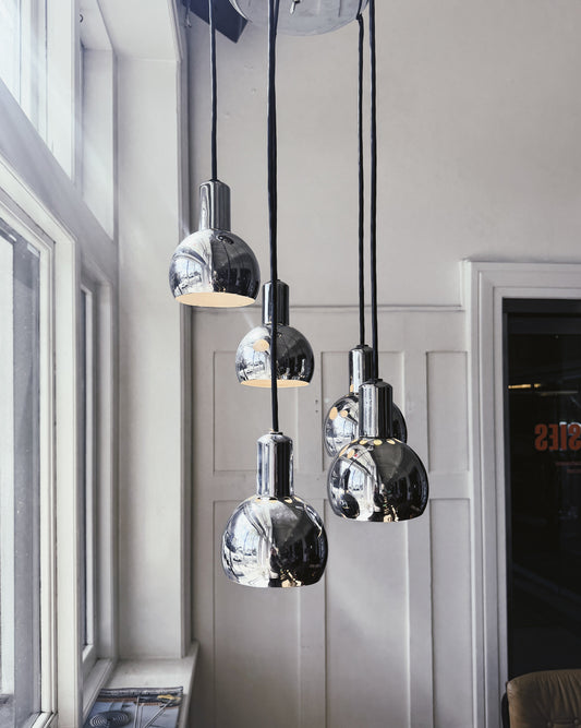 MID CENTURY / Five Drop Chrome Cascading Pendant