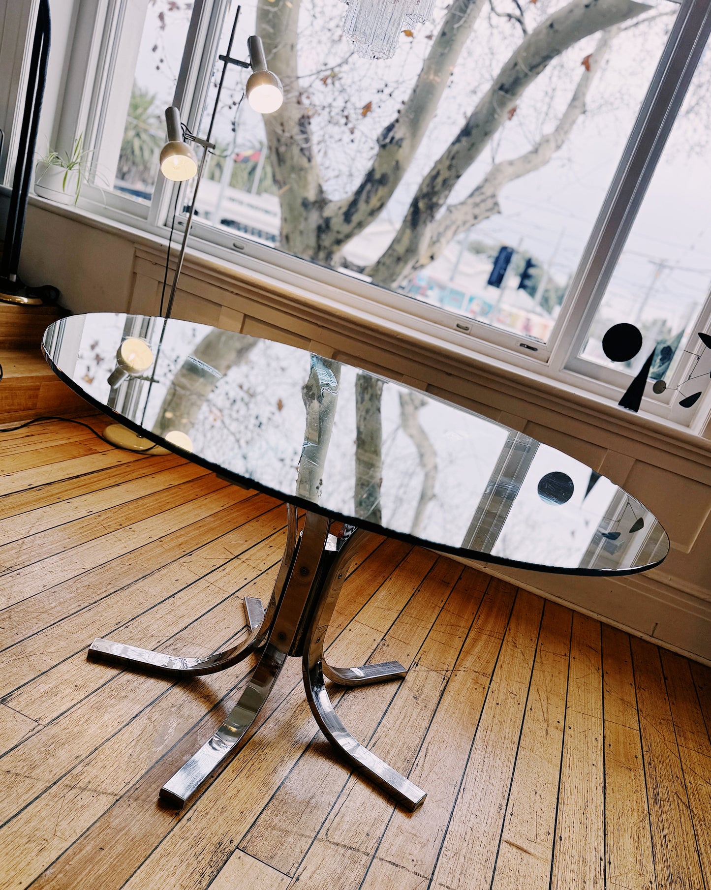 SPACE AGE / Italian Chrome Dining Table w/Glass Top