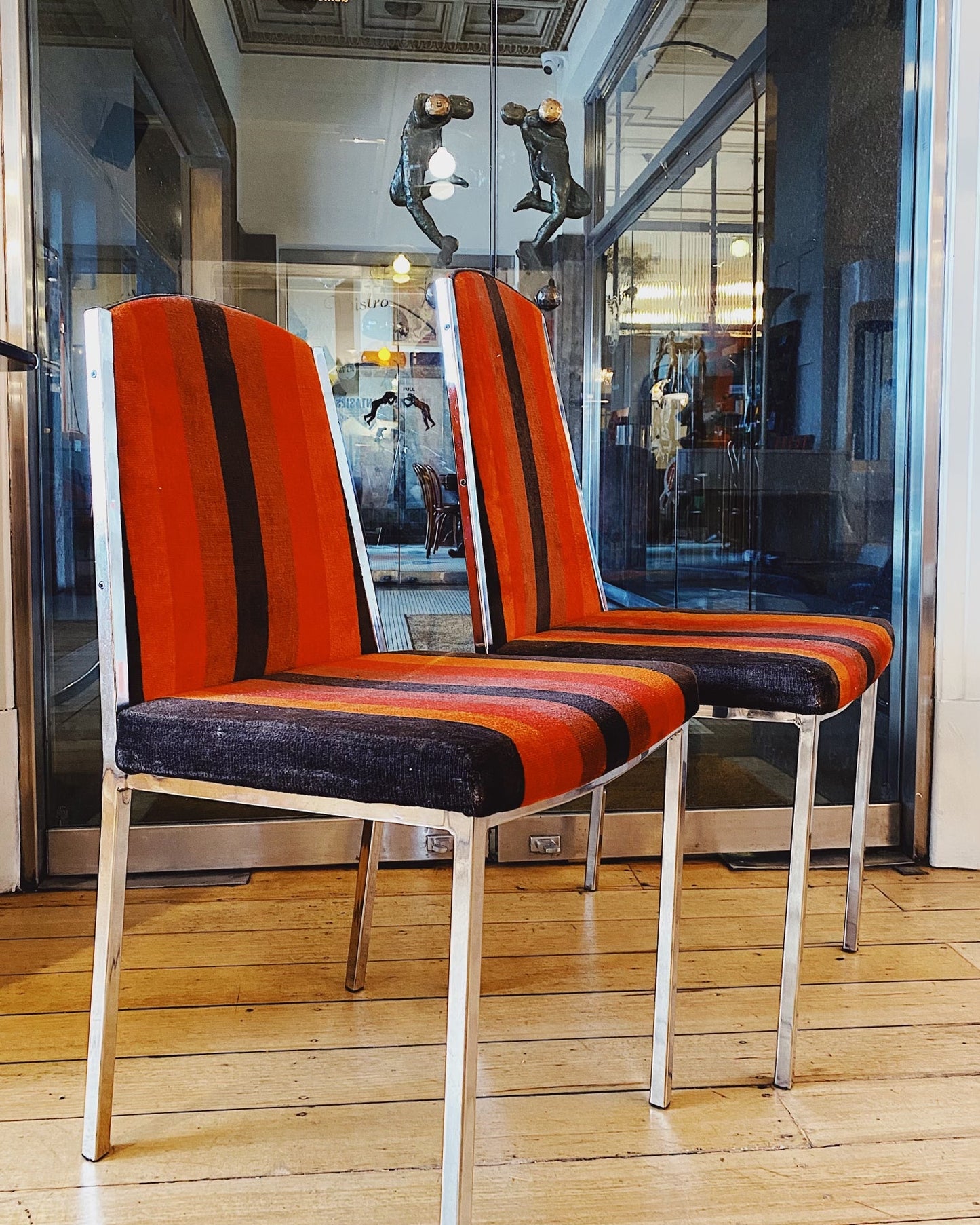 RICHMAN / 1970s Chrome Cherry + Burnt Orange Striped Dining Chairs