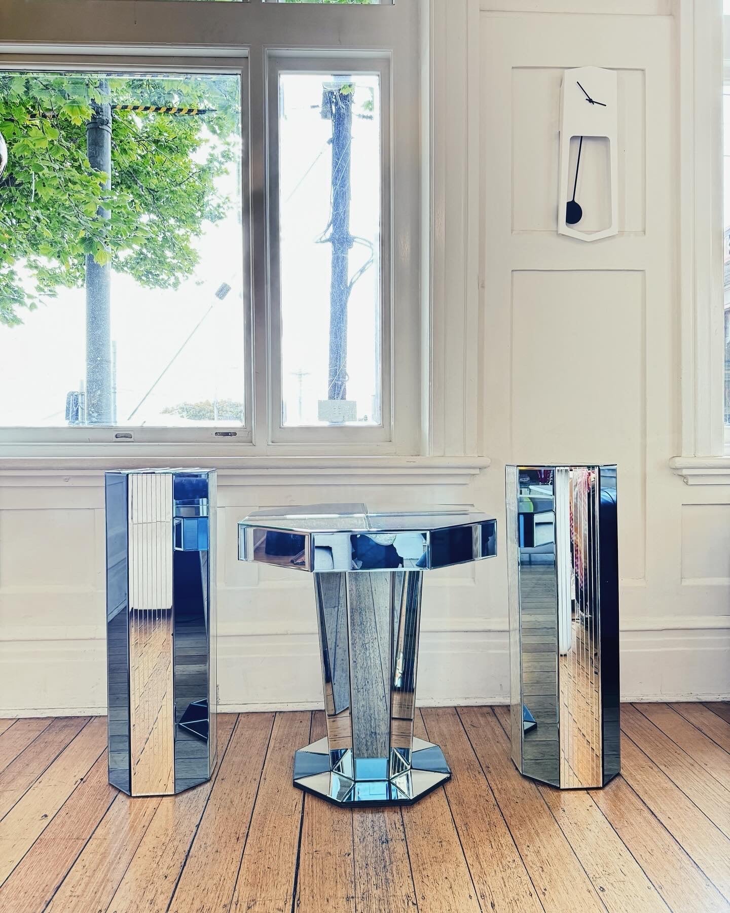 ART DECO / Blue & Chrome Mirrored Plinths
