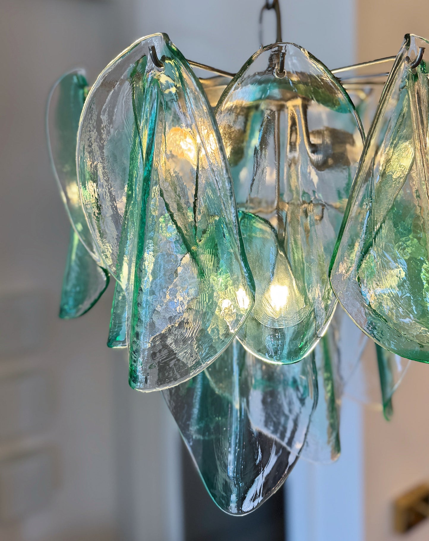 MAZZEGA / Murano Leaf Chandelier w/Clear & Green Prisms