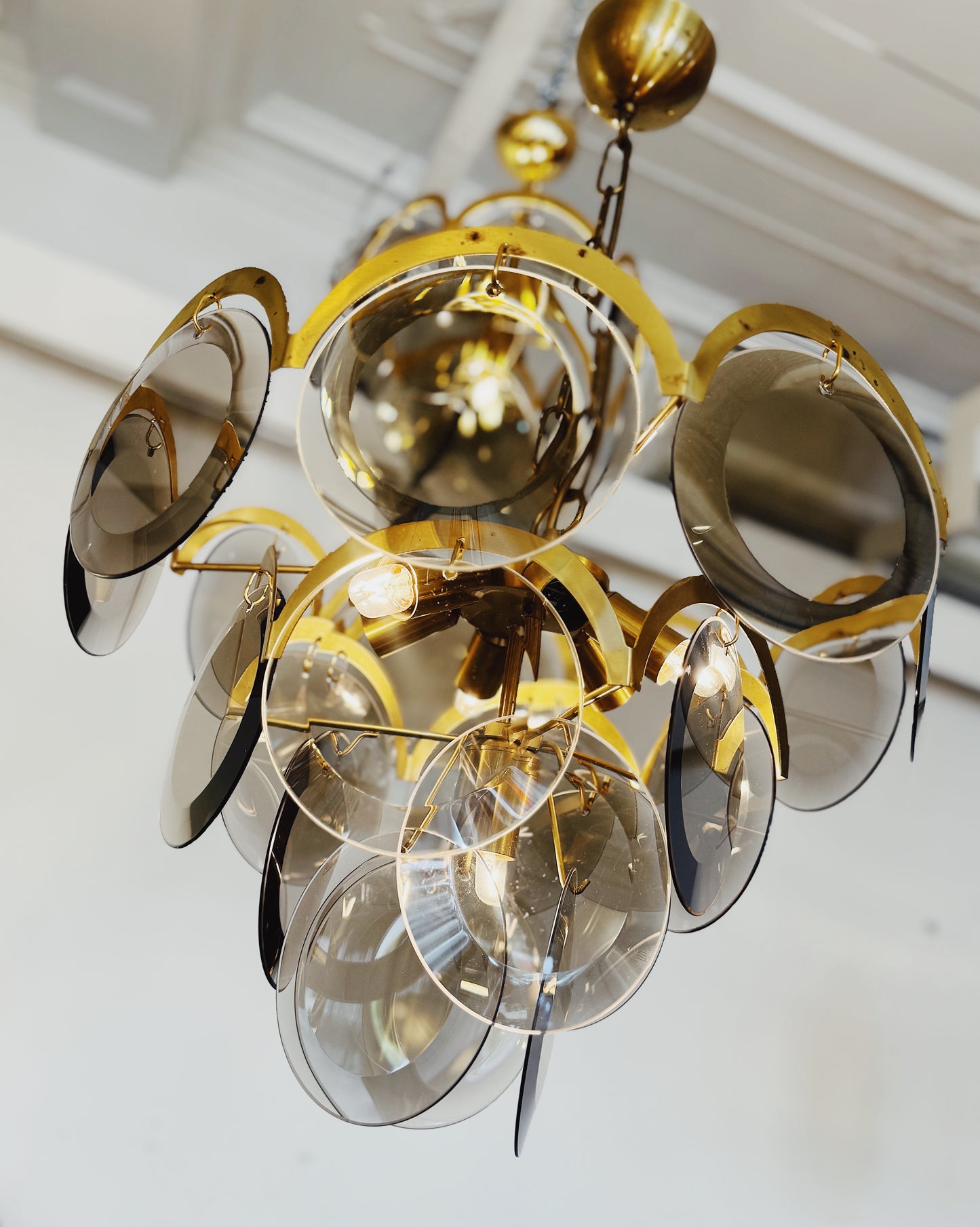 1970s / 4 Tier Smoky Glass Disc & Brass Chandelier