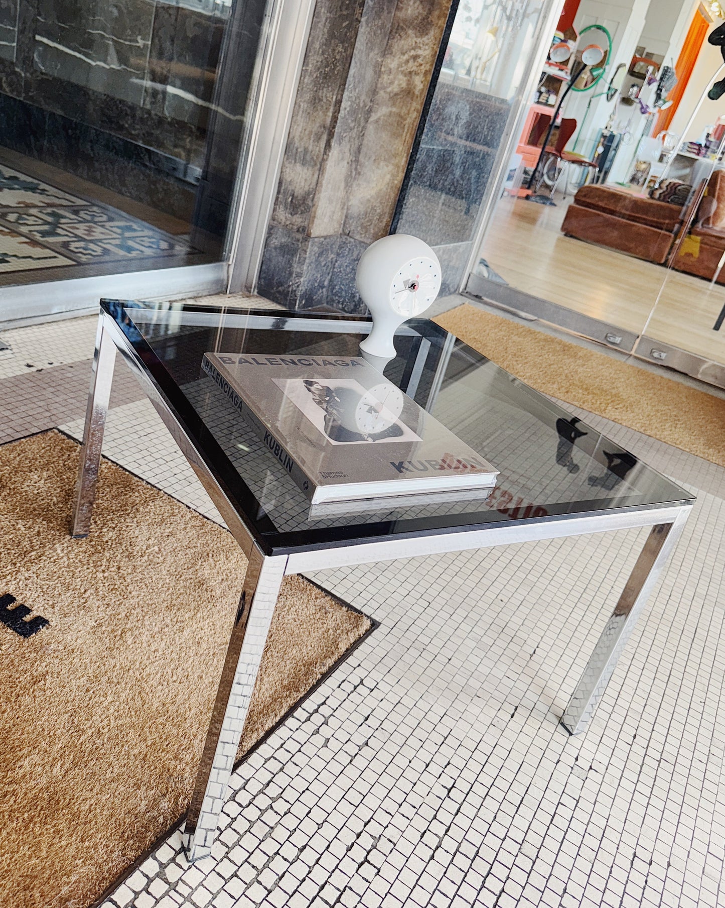 VINTAGE / Chrome & Smoke Grey Glass Coffee Table