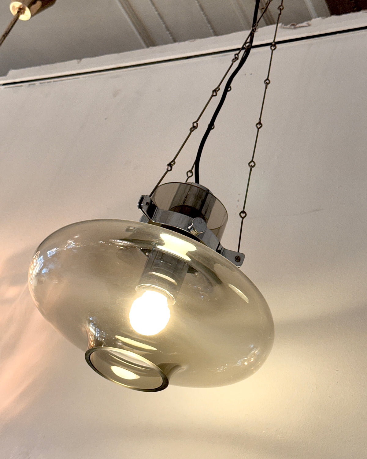 VINTAGE / 1970s Smokey Glass & Chrome Pendant Light