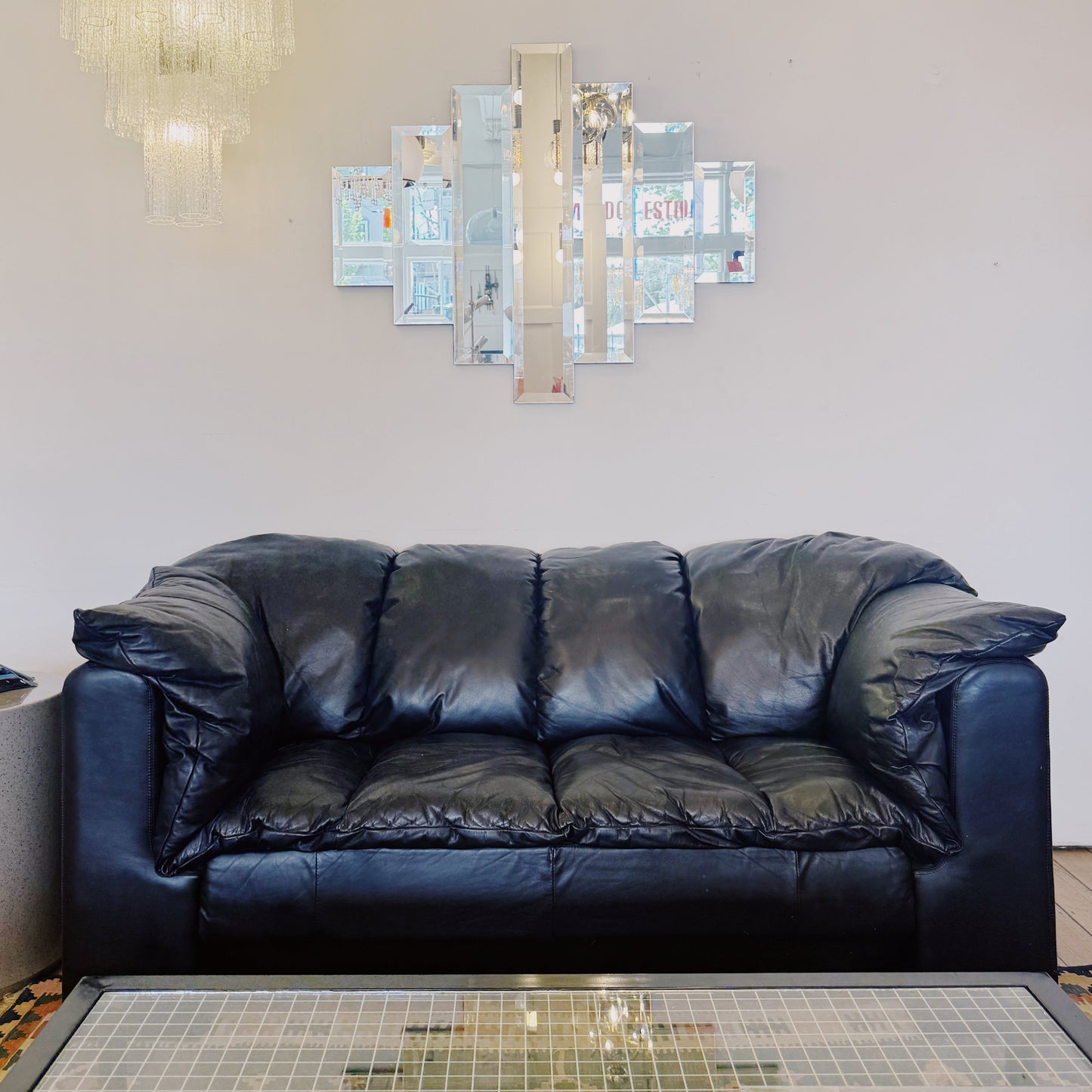 POST MODERN / Black Leather Puffer Sofa