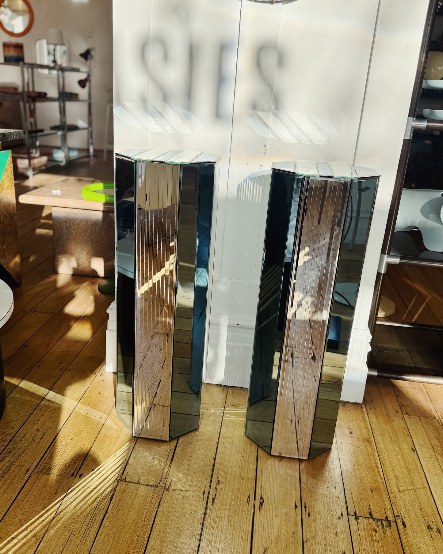 ART DECO / Blue & Chrome Mirrored Plinths