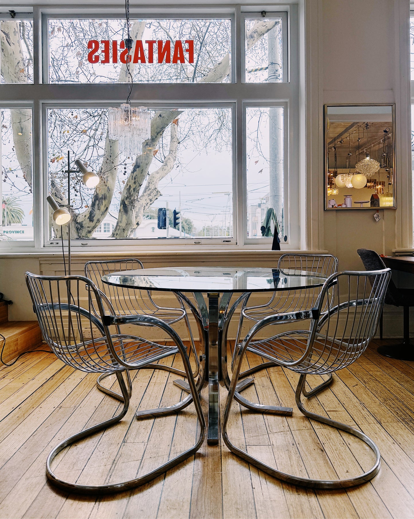 SPACE AGE / Italian Chrome Dining Table w/Glass Top