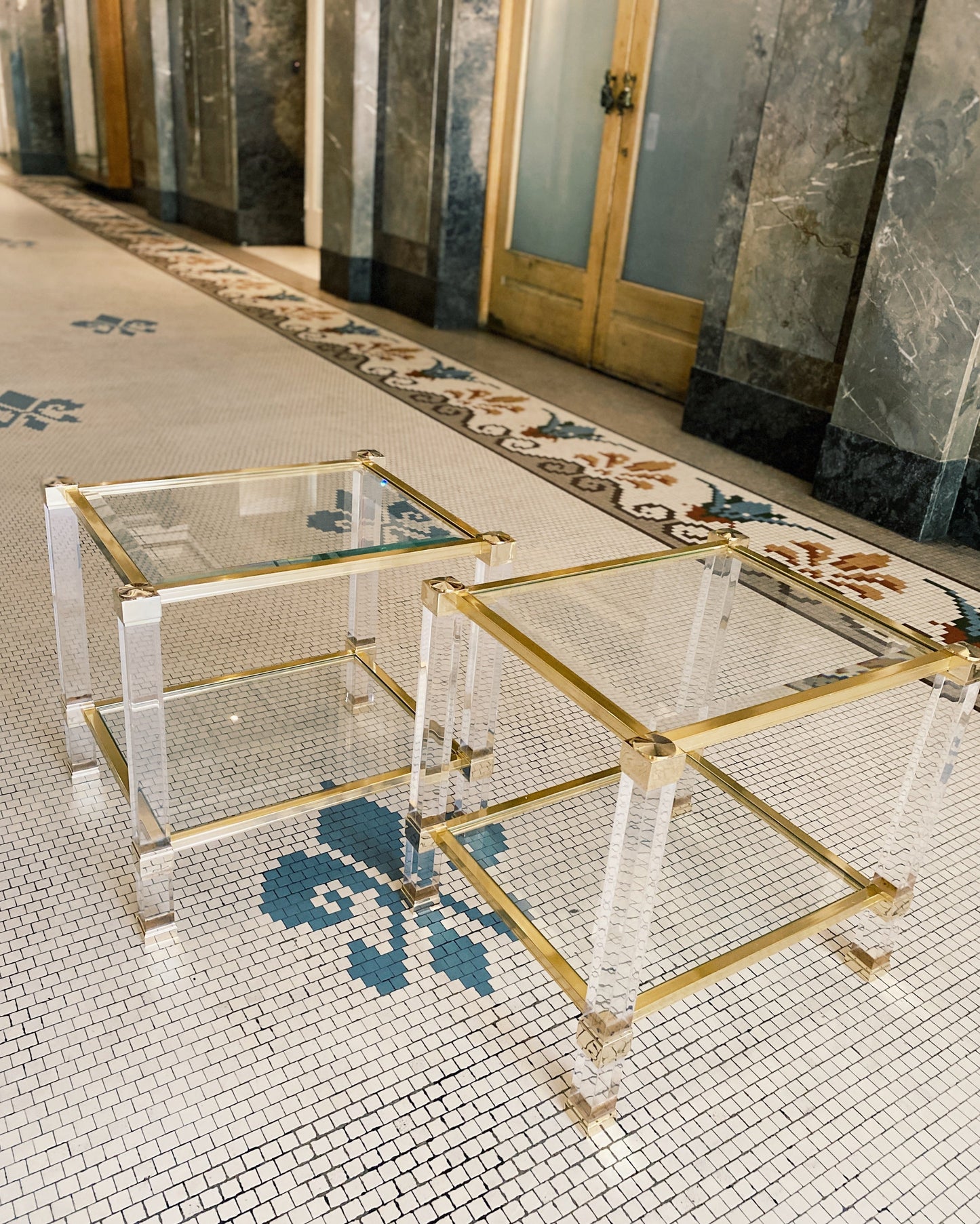 PIERRE VANDEL PARIS / Lucite + Brass Two Tier Side Tables