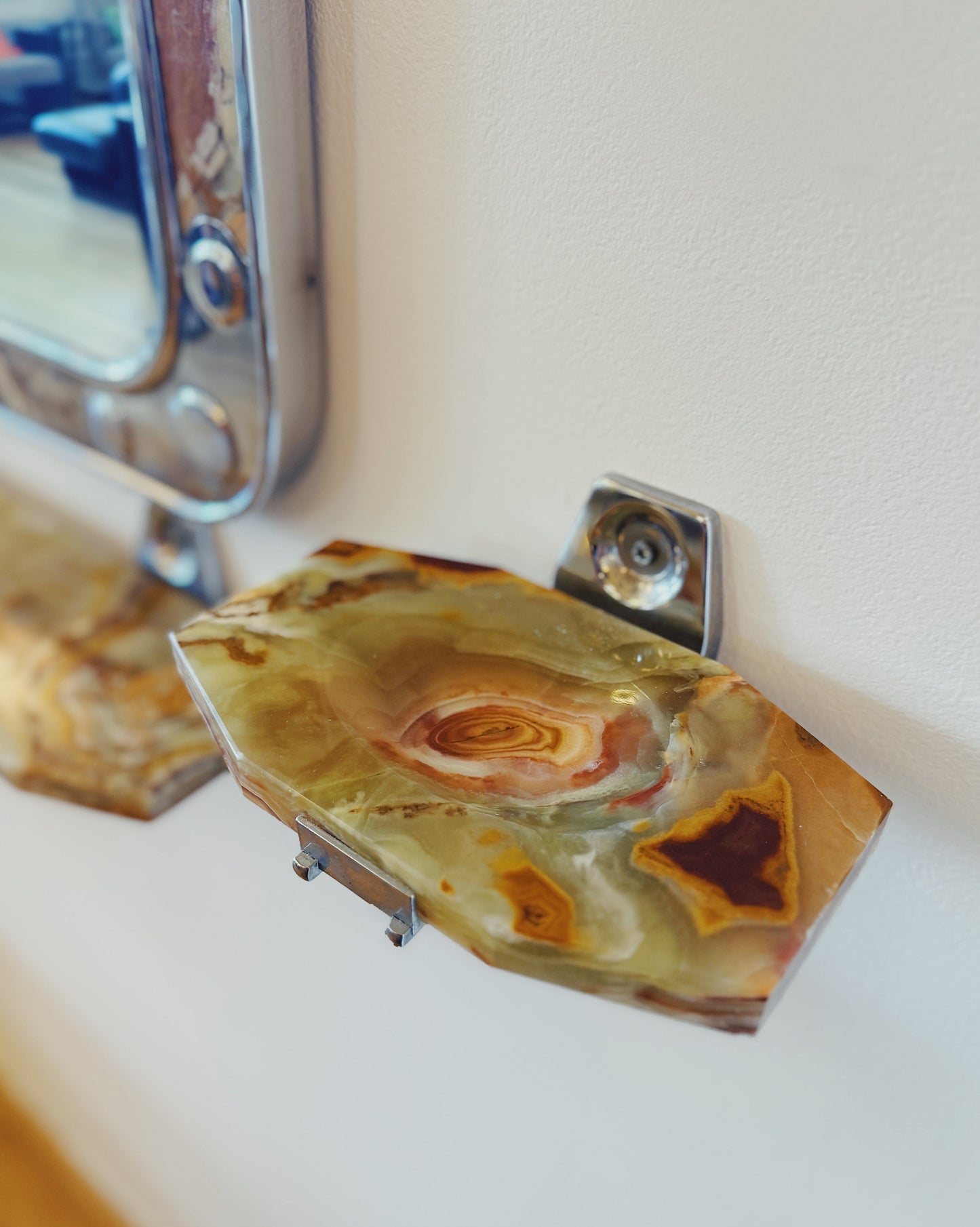 VINTAGE / Ornate Spanish Onyx Chrome Soap Dish