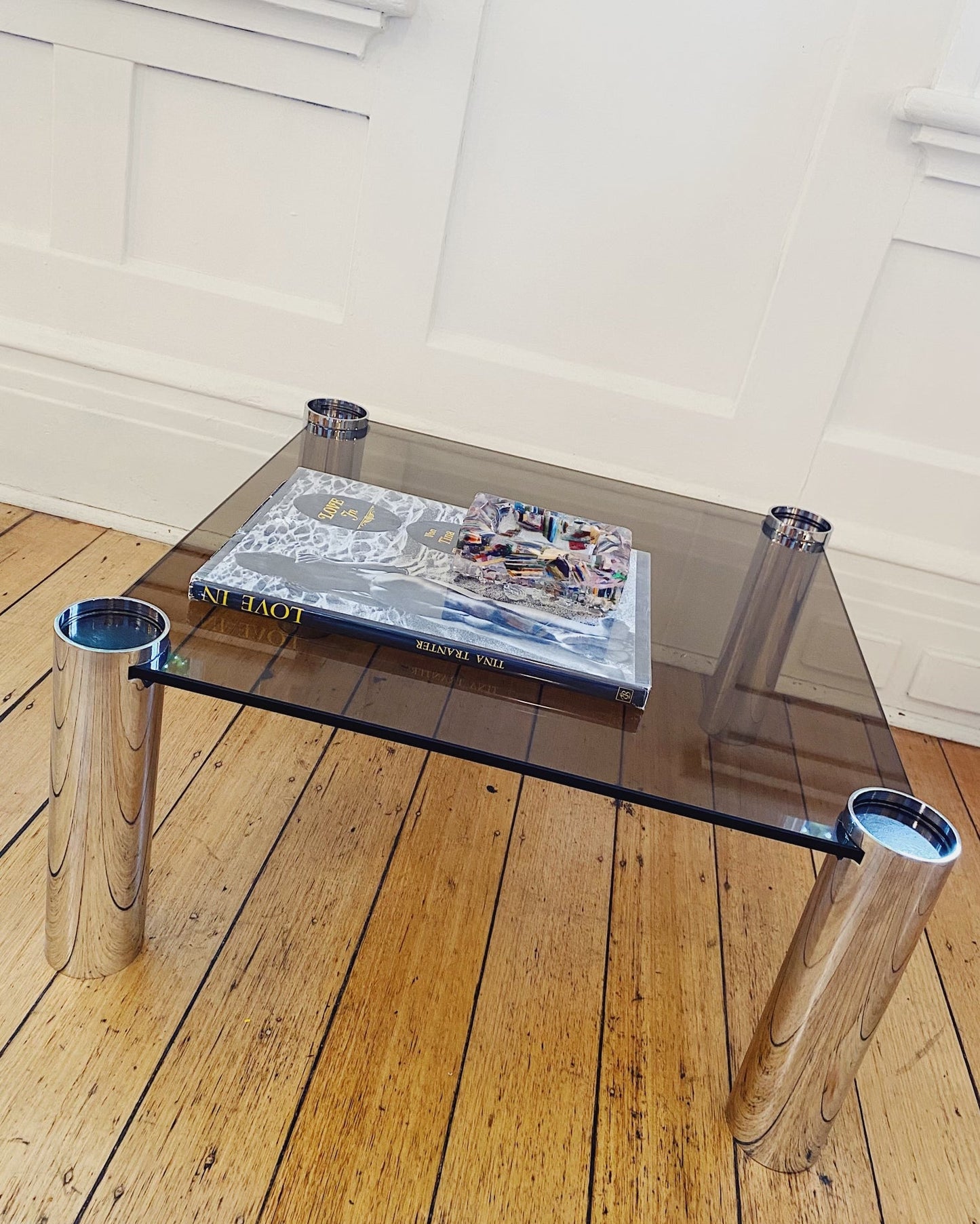 VINTAGE/ Chrome Tubular Coffee Table in the Manner of Mario Bellini