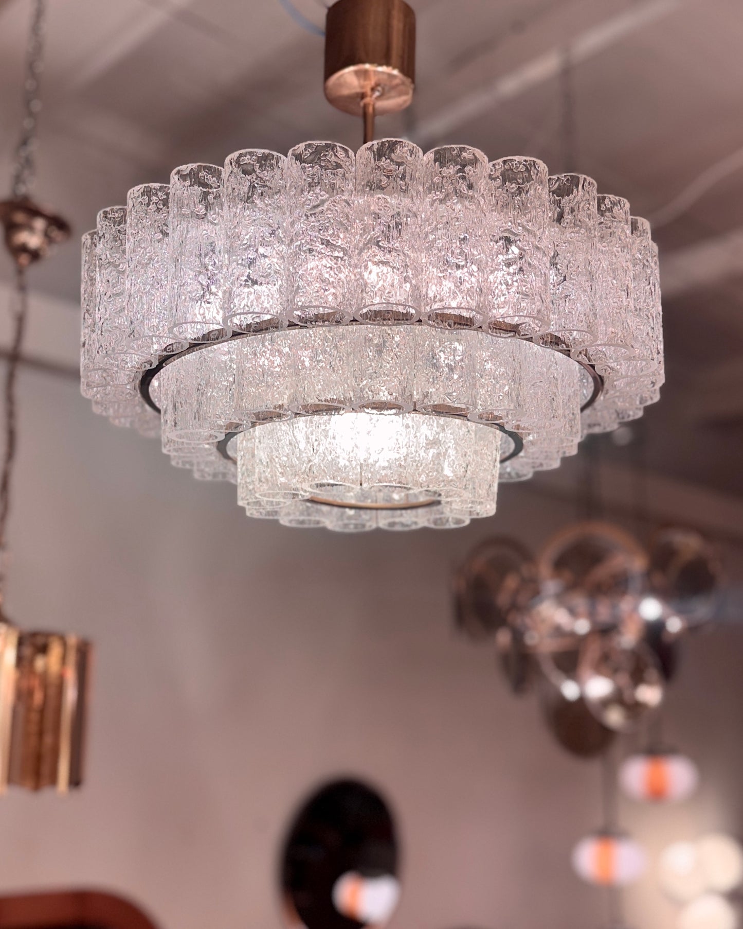 VINTAGE / 1960s Doria Leuchten 3 Tier Glass Tube Chandelier
