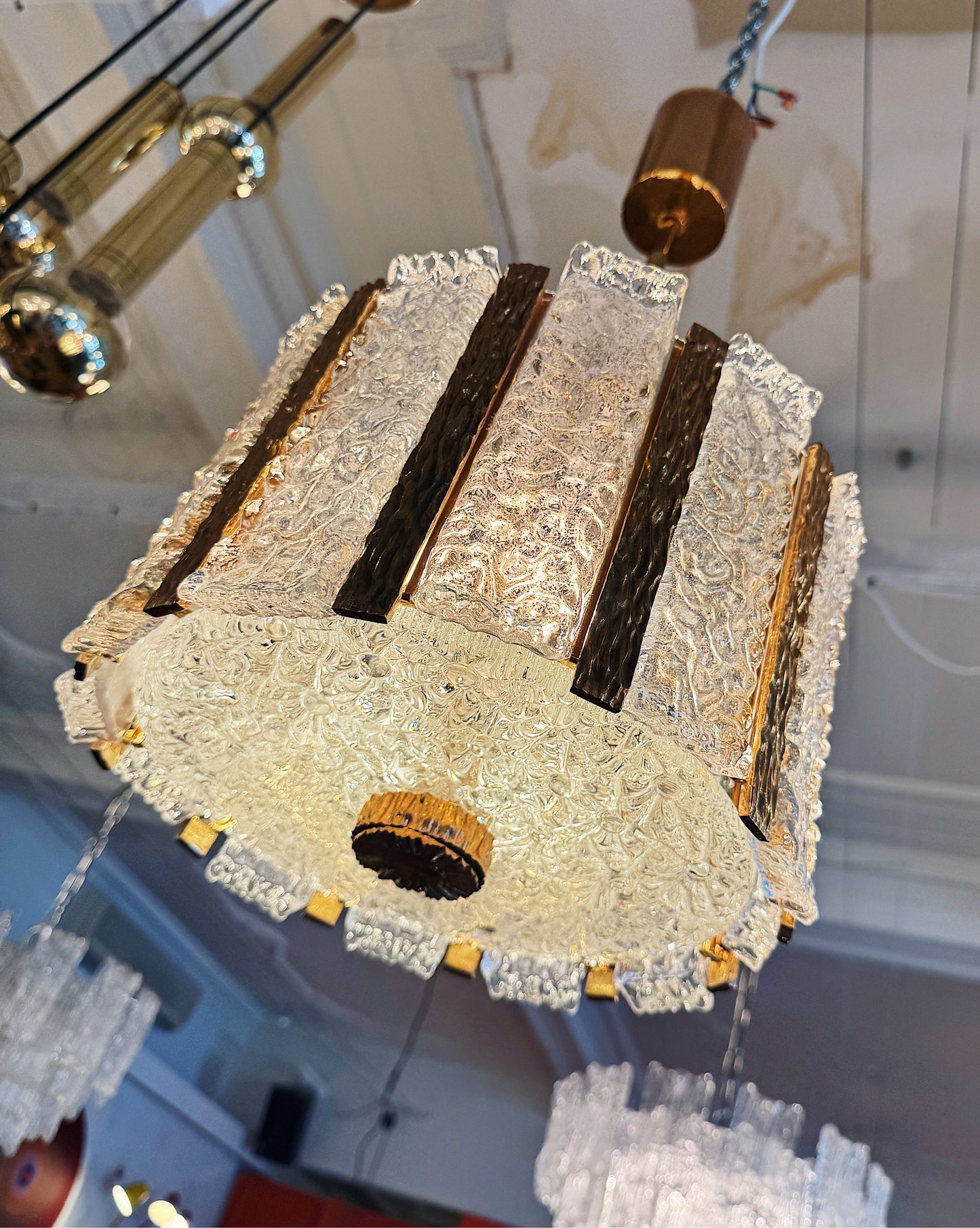 KALMAR | Drum Pendant w/ Frosted Icicle Glass + Gilt Brass Dividers