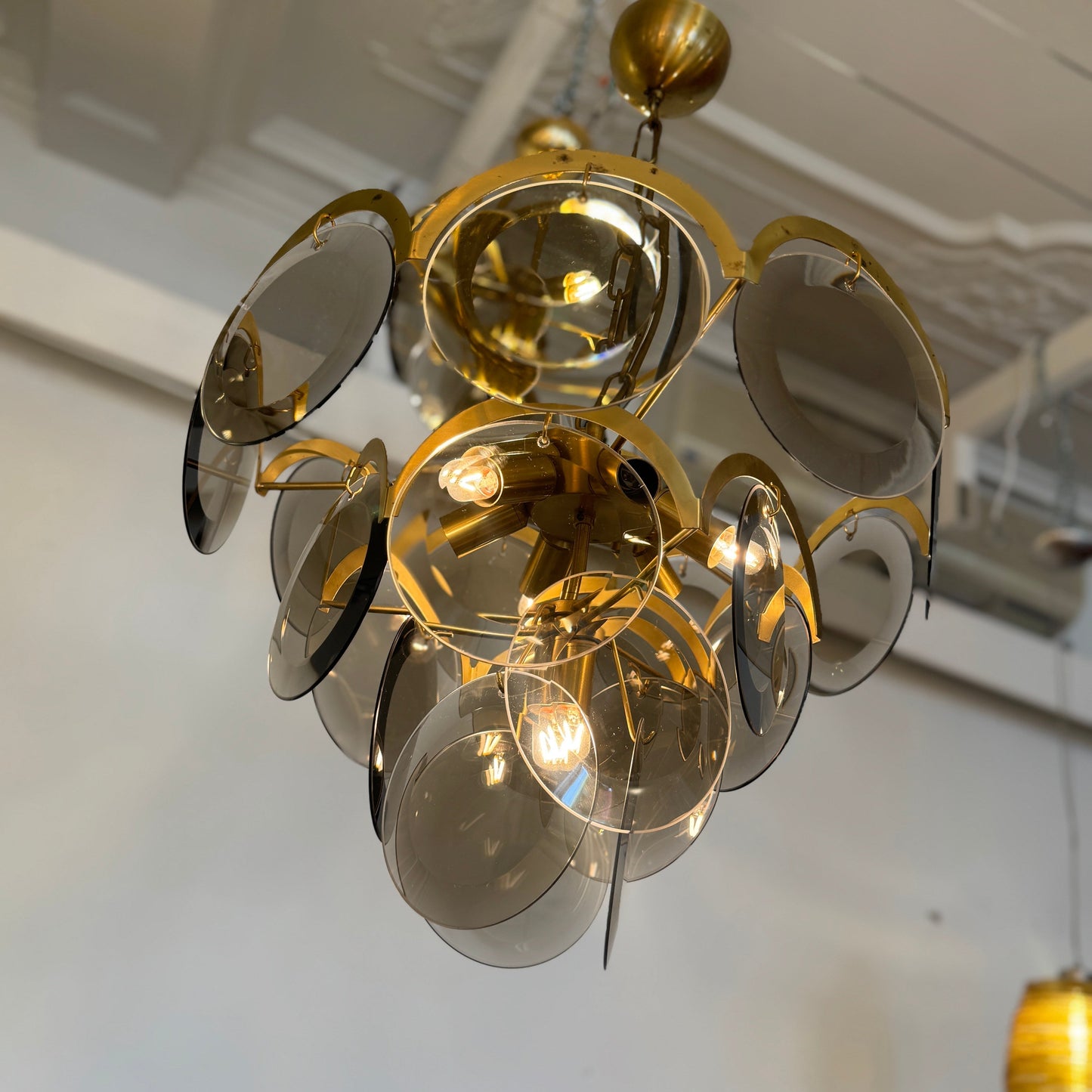 1970s / 4 Tier Smoky Glass Disc & Brass Chandelier