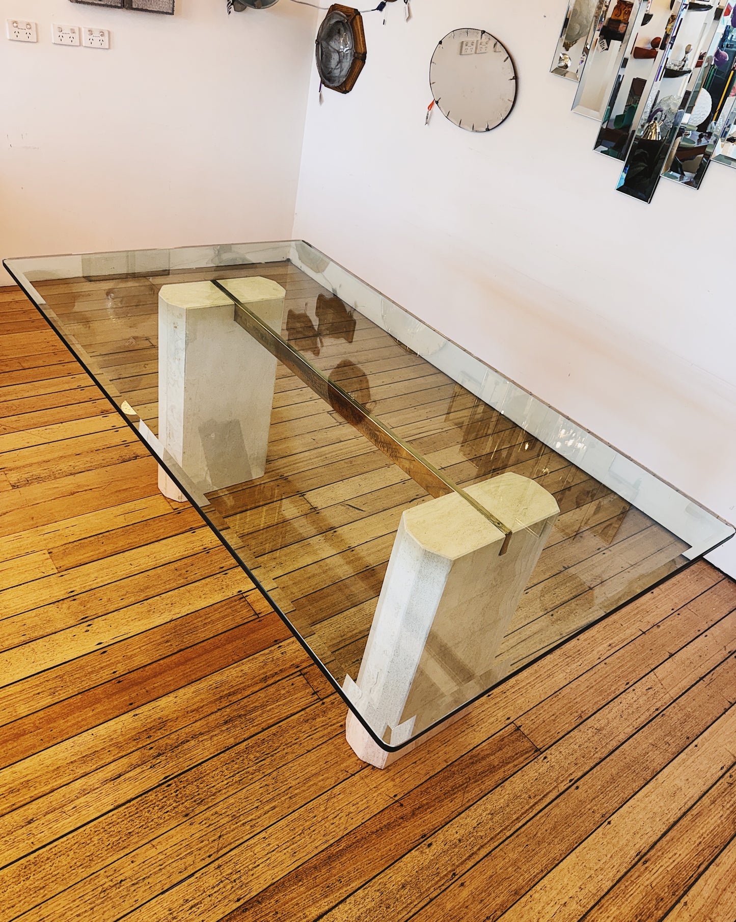 ARTEDI / Vintage 1980s Italian Travertine & Glass Dining Table