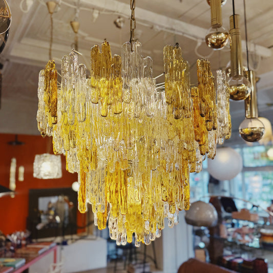 JT KALMAR / 1960s XL Amber & Clear Icicle Prism Chandelier