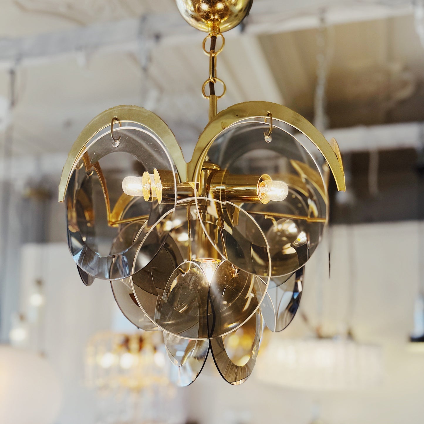 1970s / 3 Tier Smoky Glass Disc & Brass Chandelier