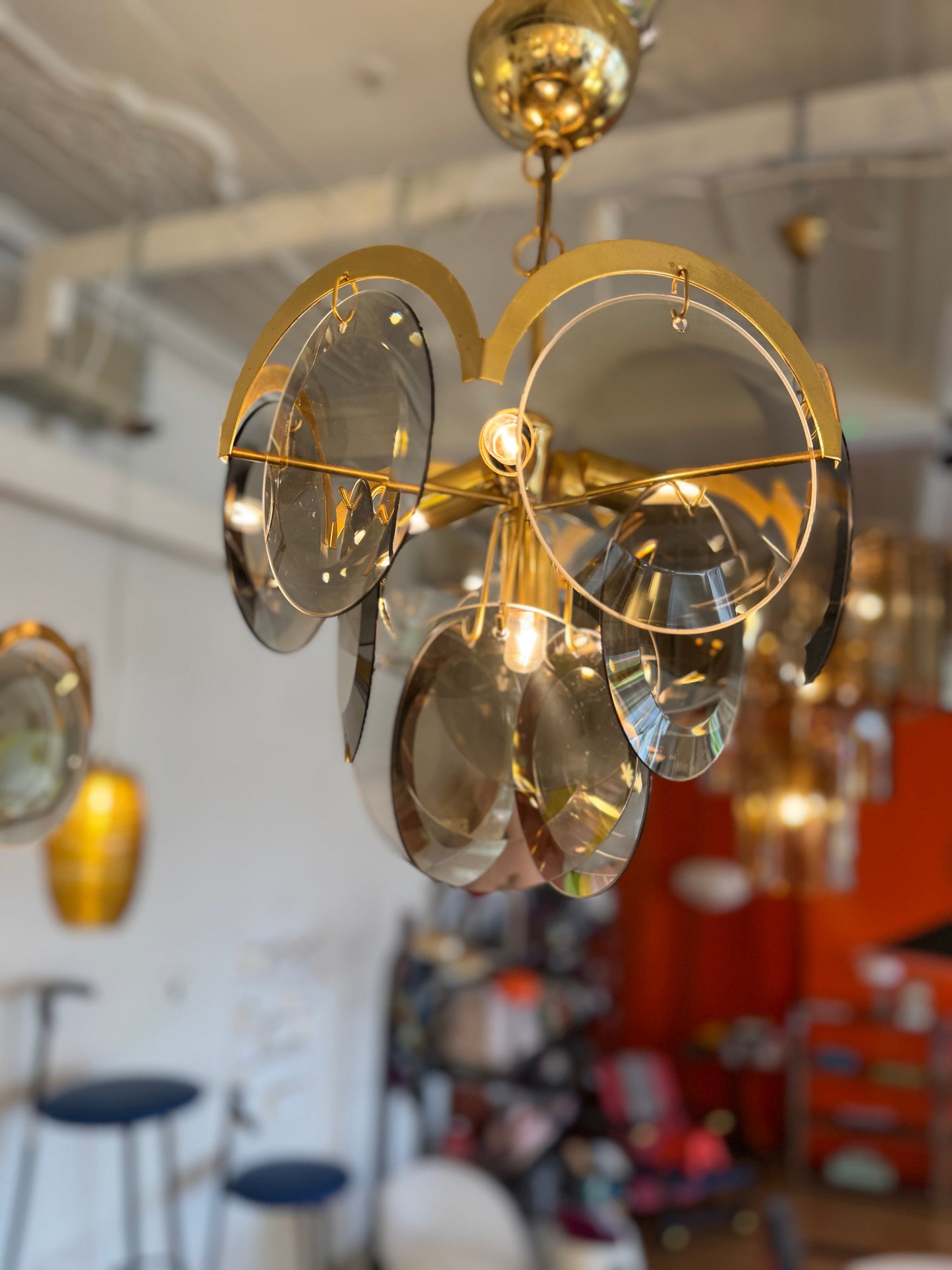 1970s / 3 Tier Smoky Glass Disc & Brass Chandelier