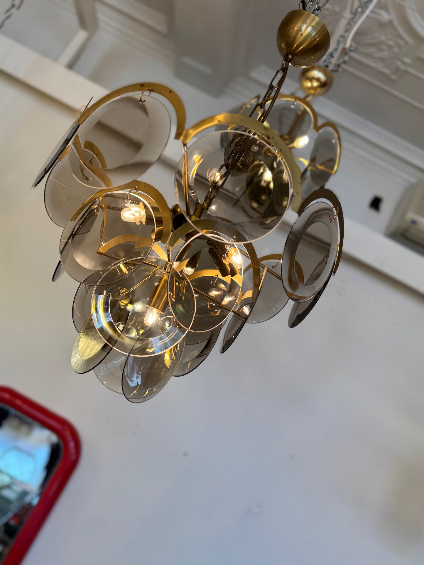 1970s / 4 Tier Smoky Glass Disc & Brass Chandelier