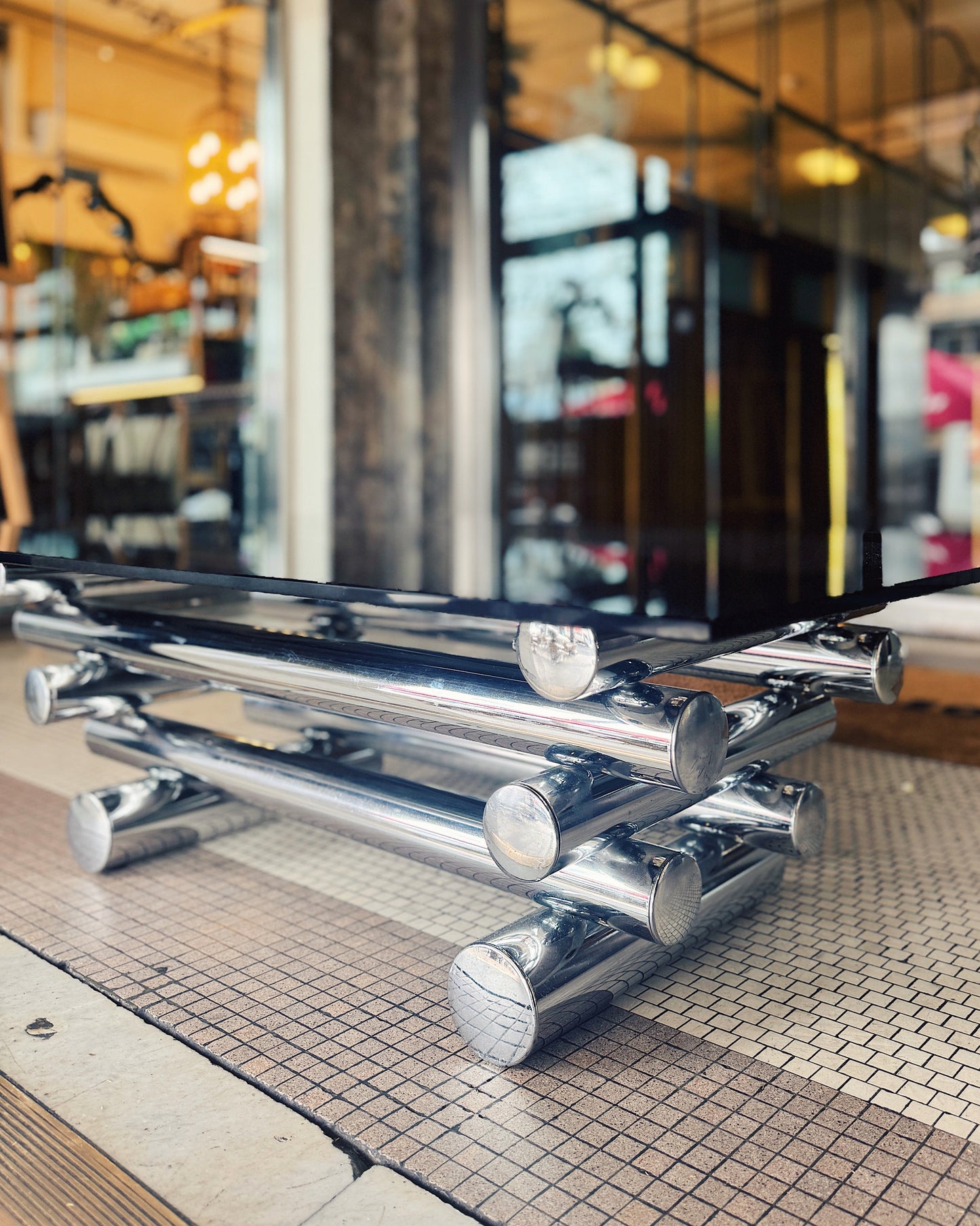 VINTAGE / 1970s Italian Tubular Chrome Smoky Glass Coffee Table