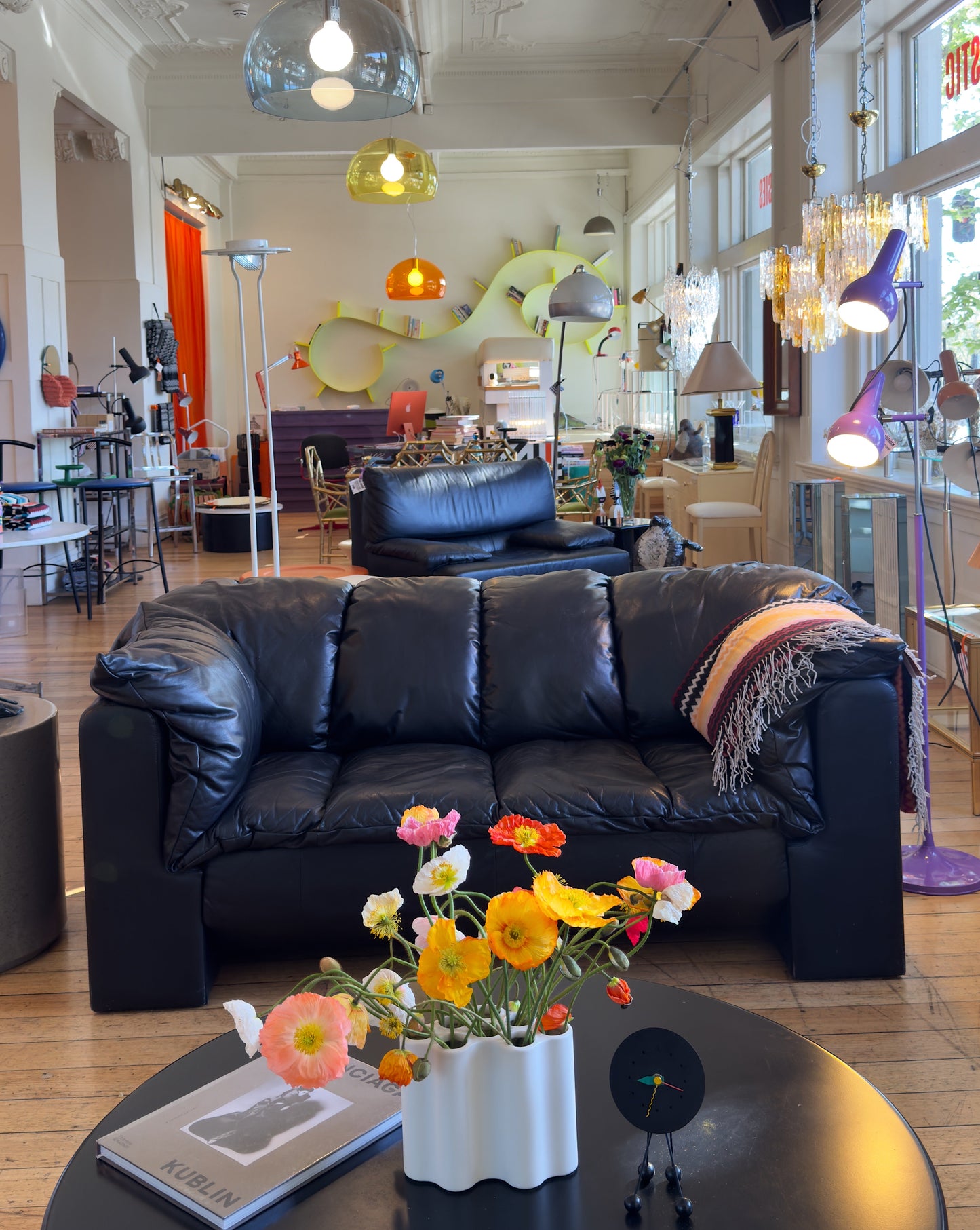 POST MODERN / Black Leather Puffer Sofa