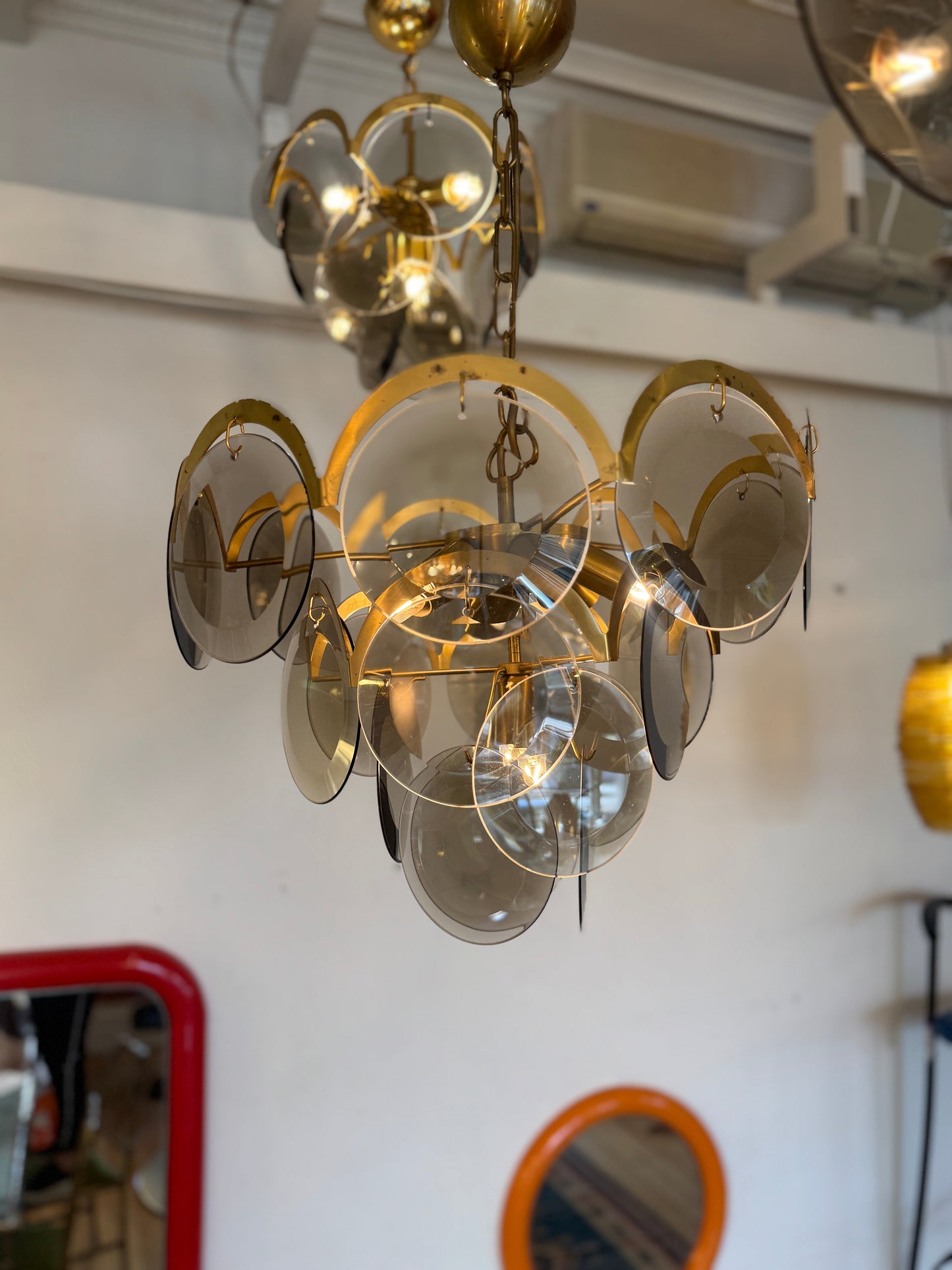 1970s / 4 Tier Smoky Glass Disc & Brass Chandelier
